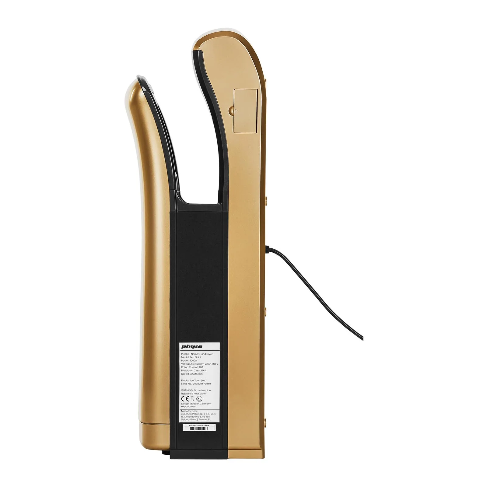 Physa Bari Gold 1200 W-os elektromos, falra szerelhető kézszárító 3