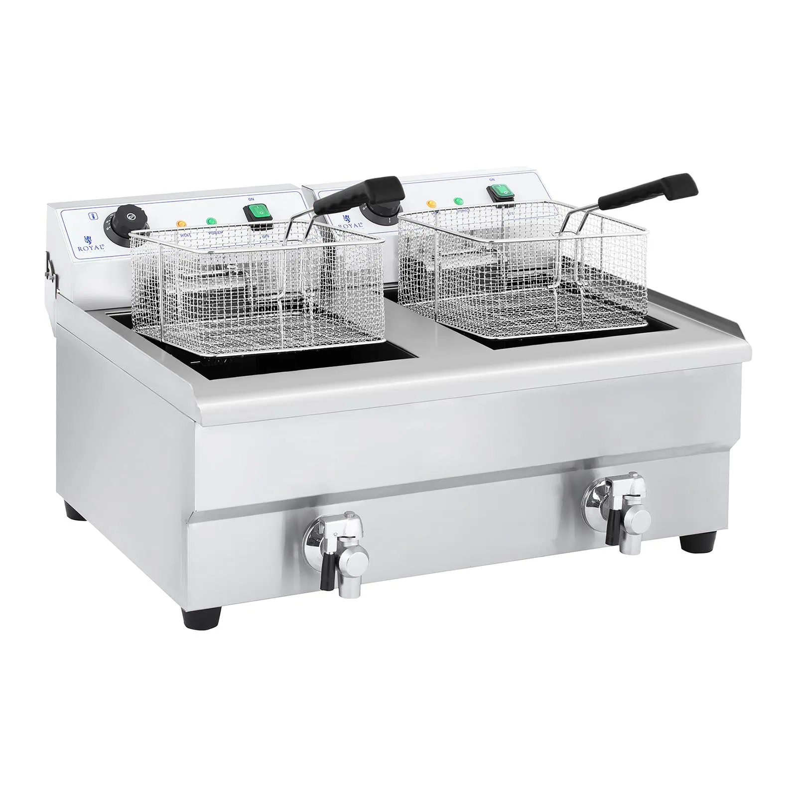 Kétkamrás, csapokkal ellátott ipari fritőz, 230 V, 2x16 l