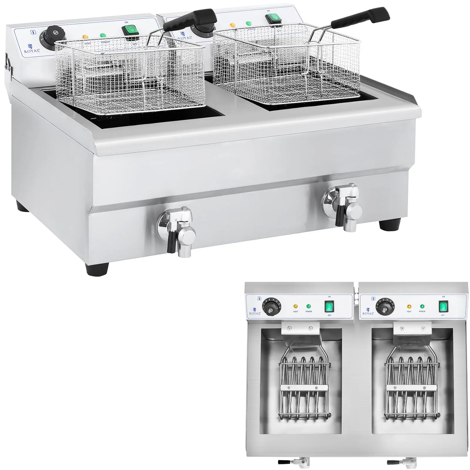 Kétkamrás, csapokkal ellátott ipari fritőz, 230 V, 2x16 l