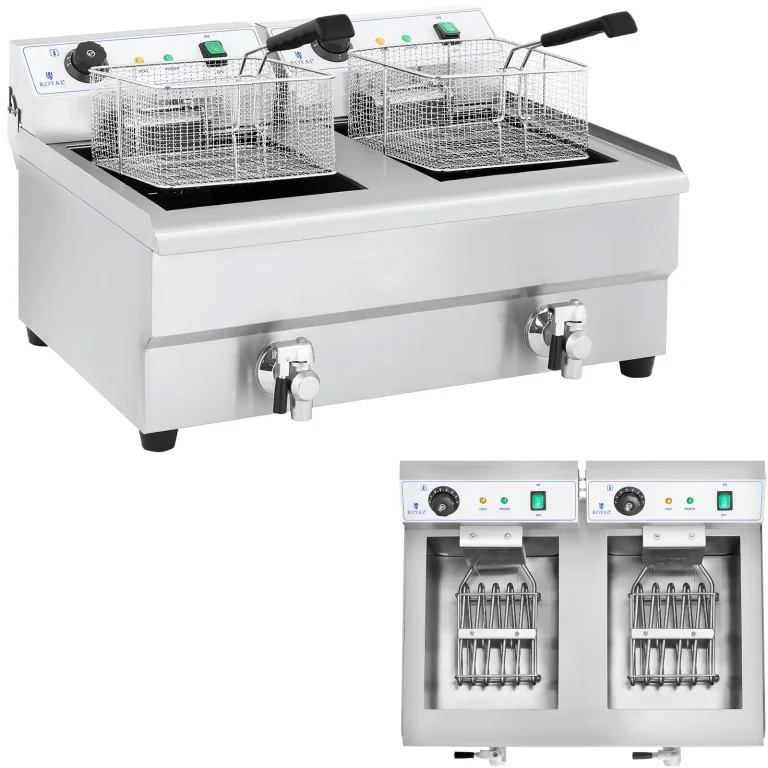 Kétkamrás, csapokkal ellátott ipari fritőz, 230 V, 2x16 l