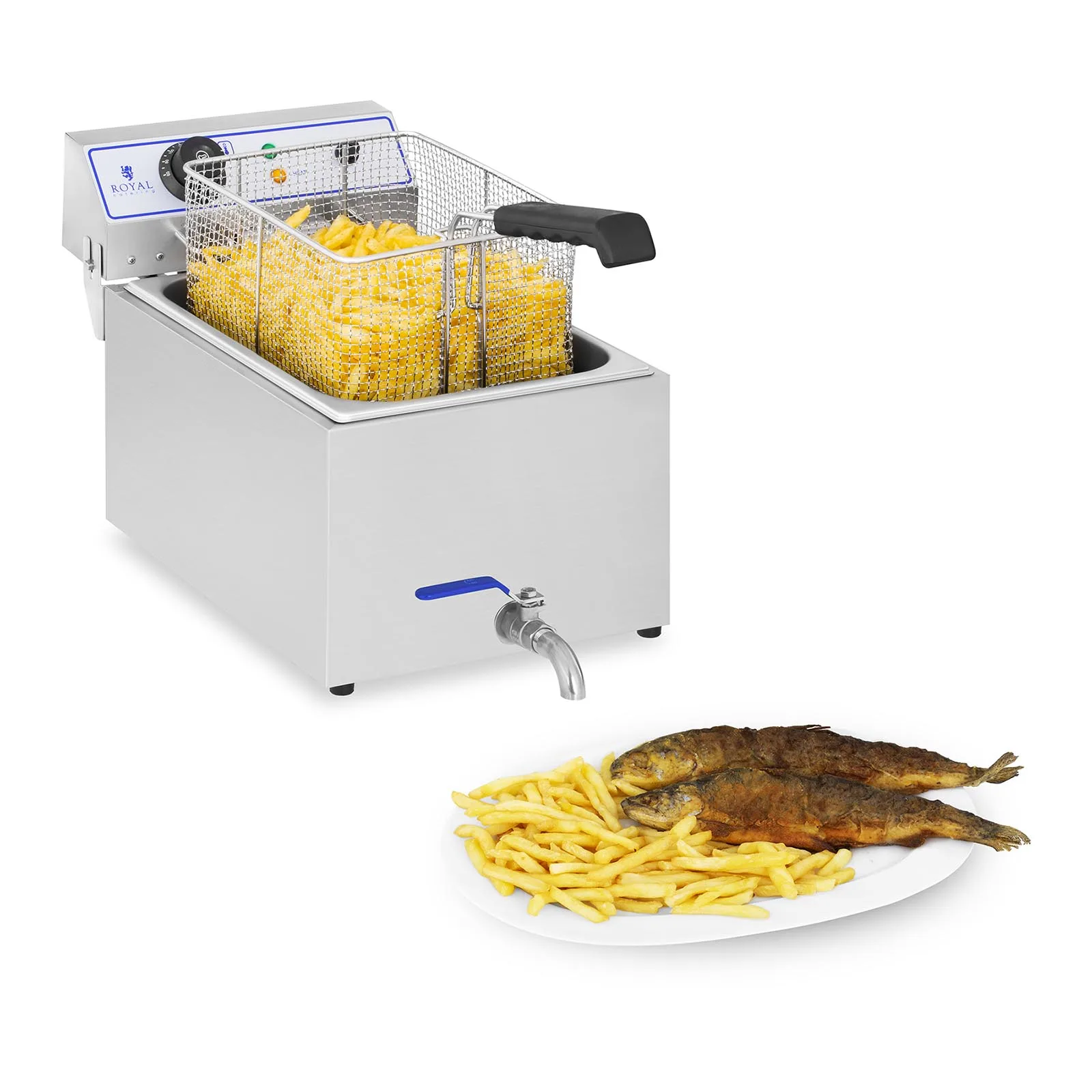 Professzionális 3000 W-os, 17 literes Royal Catering RCEF 15E sütőolajsütő sült krumplihoz és halhoz, csapokkal 3