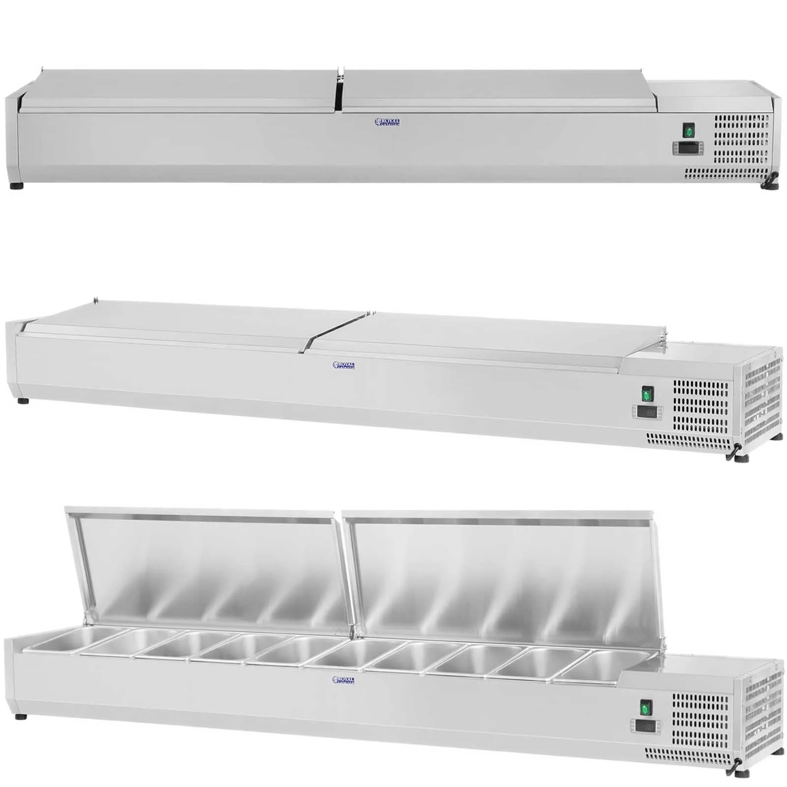 Hűtött vitrin acél fedéllel, 10x GN1/4, 200 cm