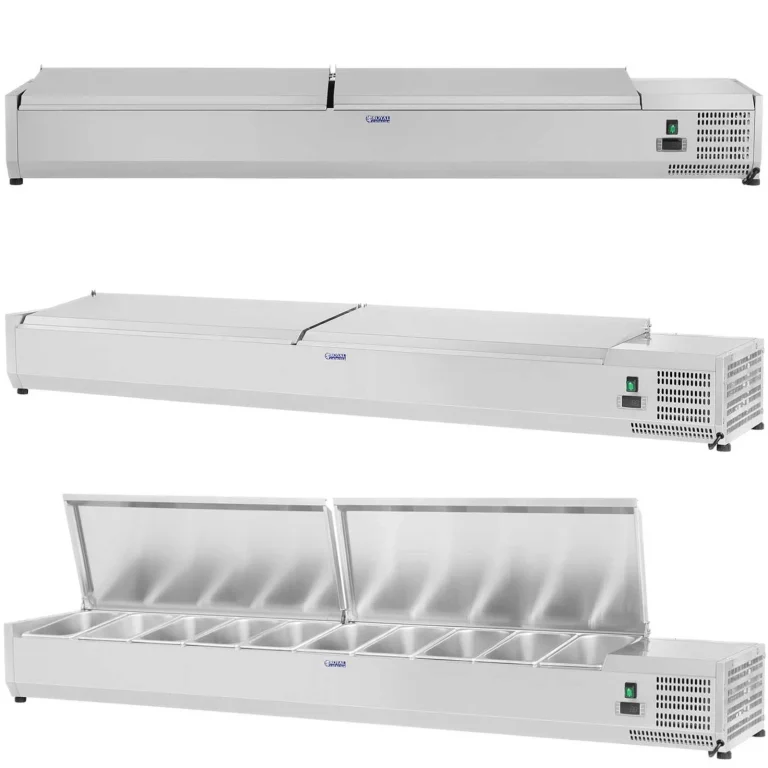 Hűtött vitrin acél fedéllel, 10x GN1/4, 200 cm