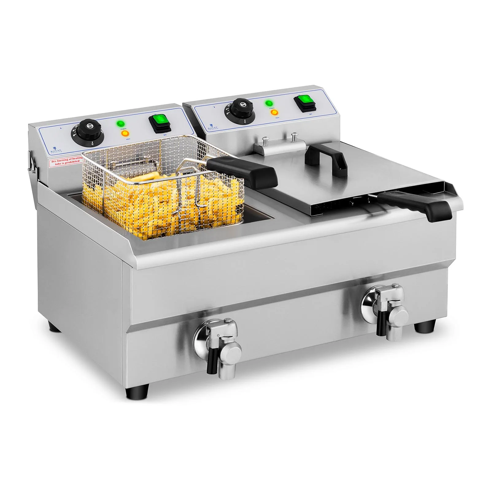 Kétkosaras, leeresztő szeleppel ellátott, ipari elektromos sütőolaj-forraló, 230 V, 2 x 3000 W, 2 x 10 l 2