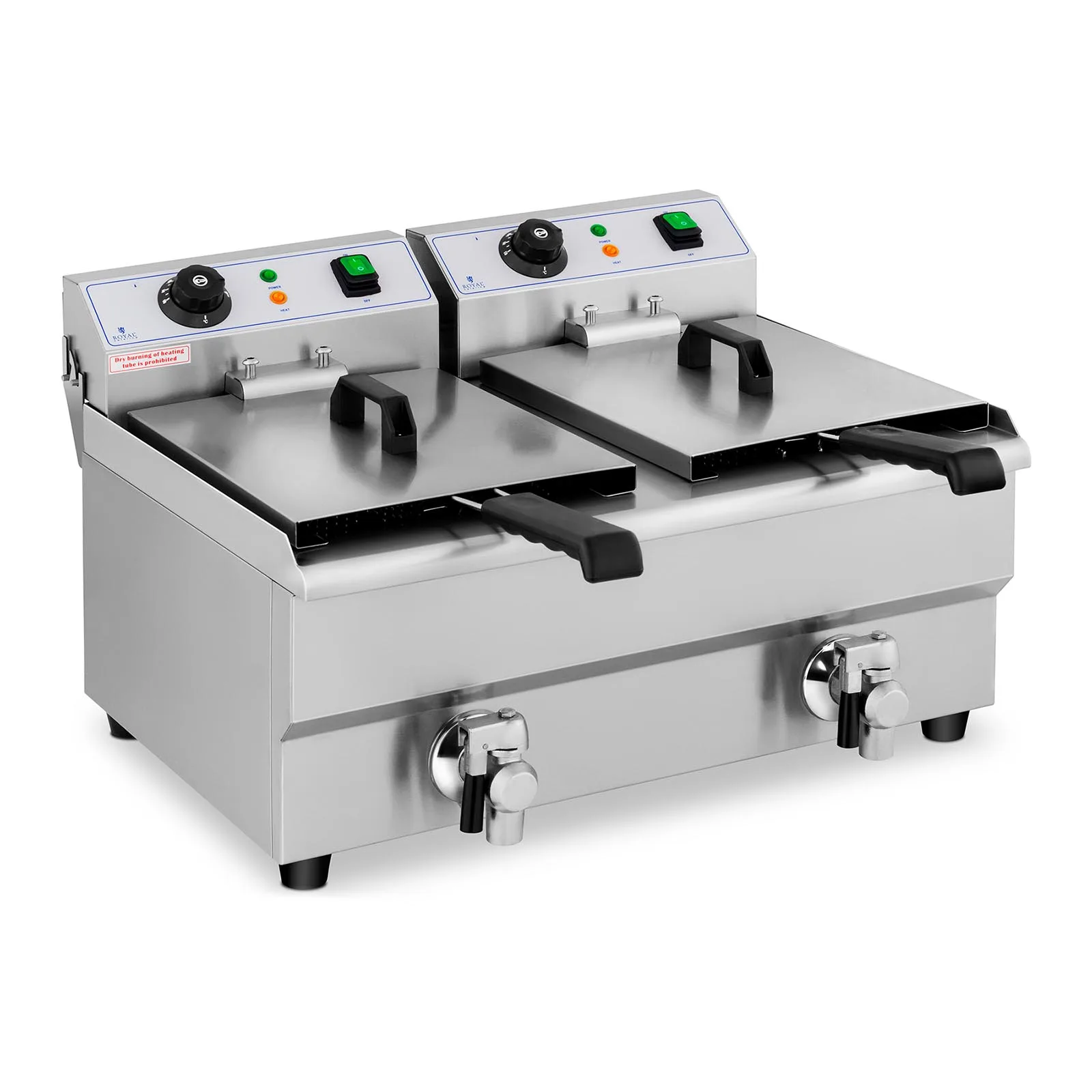 Kétkosaras, leeresztő szeleppel ellátott, ipari elektromos sütőolaj-forraló, 230 V, 2 x 3000 W, 2 x 10 l 3