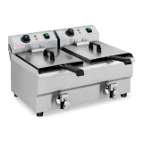 Kétkosaras, leeresztő szeleppel ellátott, ipari elektromos sütőolaj-forraló, 230 V, 2 x 3000 W, 2 x 10 l 3