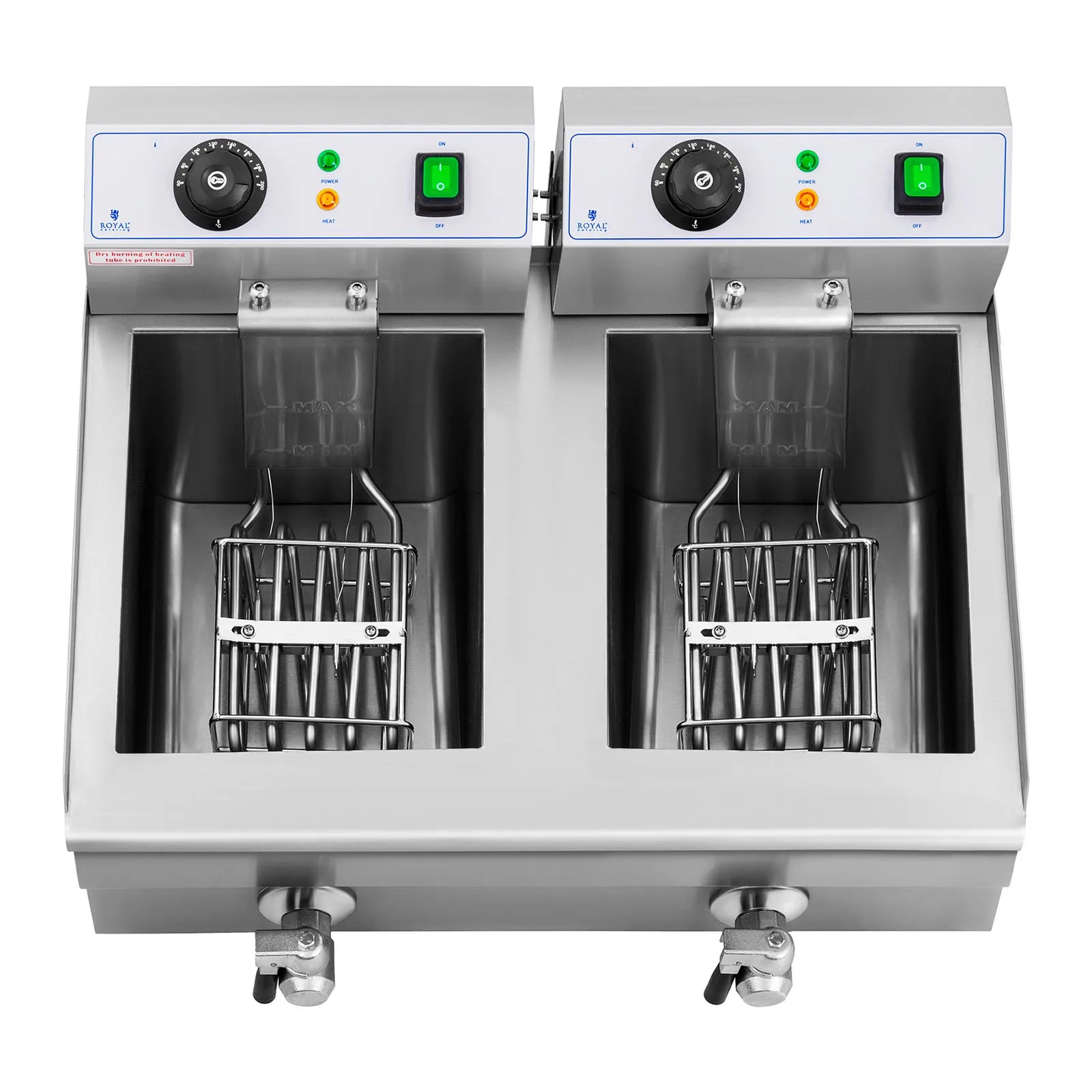 Kétkosaras, leeresztő szeleppel ellátott, ipari elektromos sütőolaj-forraló, 230 V, 2 x 3000 W, 2 x 10 l 4