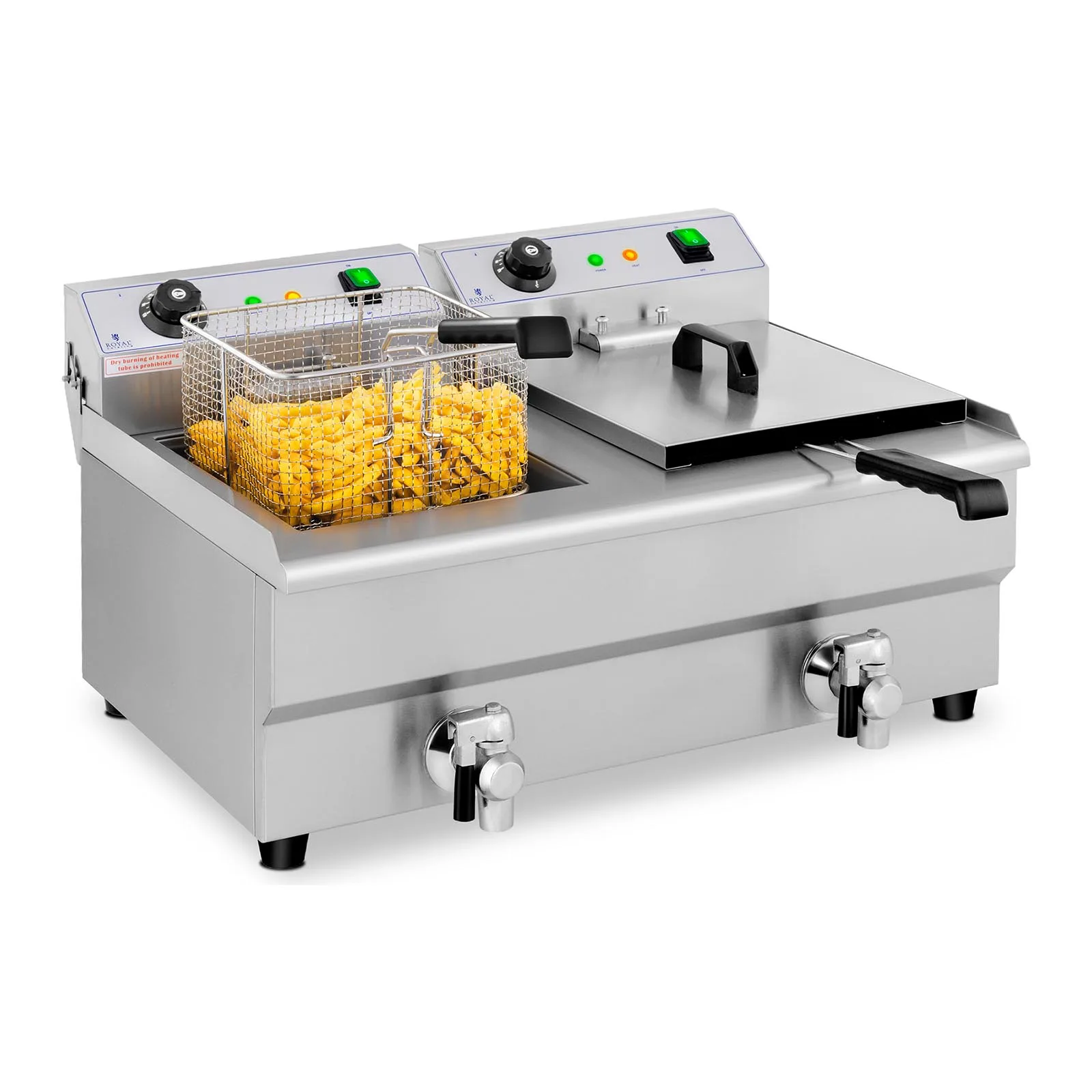 Kétkosaras, kereskedelmi célú elektromos sütőolaj-sütő leeresztő szeleppel, 230 V, 2 x 3200 W, 2 x 13 l 2