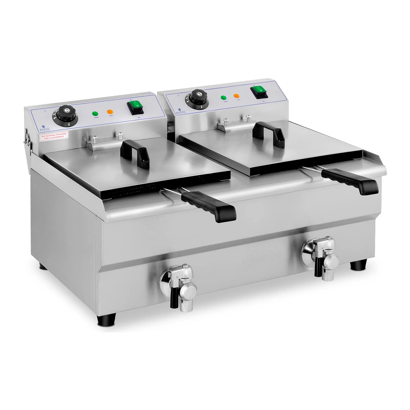 Kétkosaras, kereskedelmi célú elektromos sütőolaj-sütő leeresztő szeleppel, 230 V, 2 x 3200 W, 2 x 13 l 3