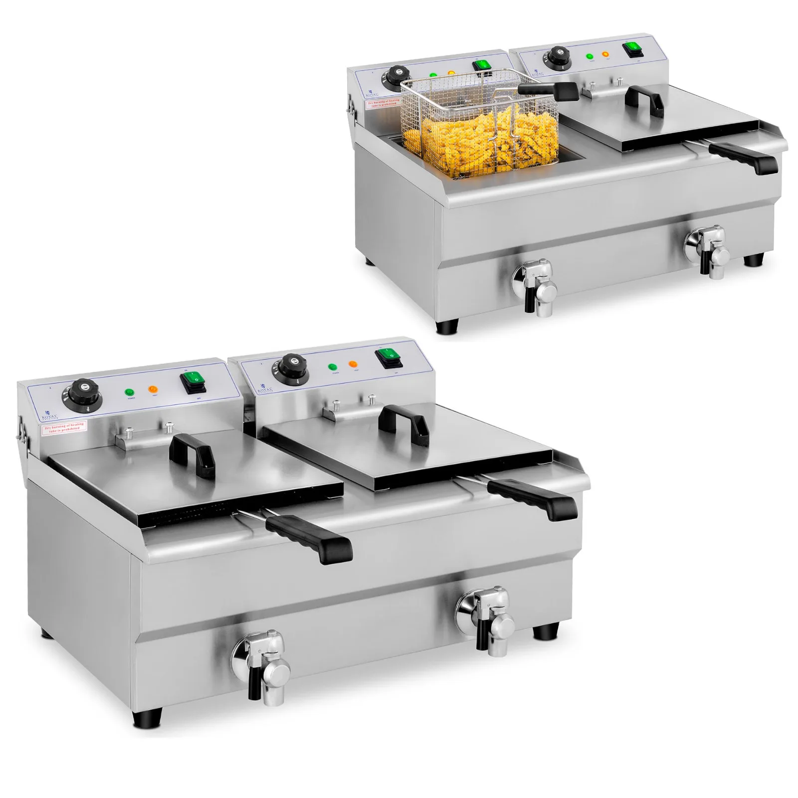 Kétkosaras, kereskedelmi célú elektromos sütőolaj-sütő leeresztő szeleppel, 230 V, 2 x 3200 W, 2 x 13 l