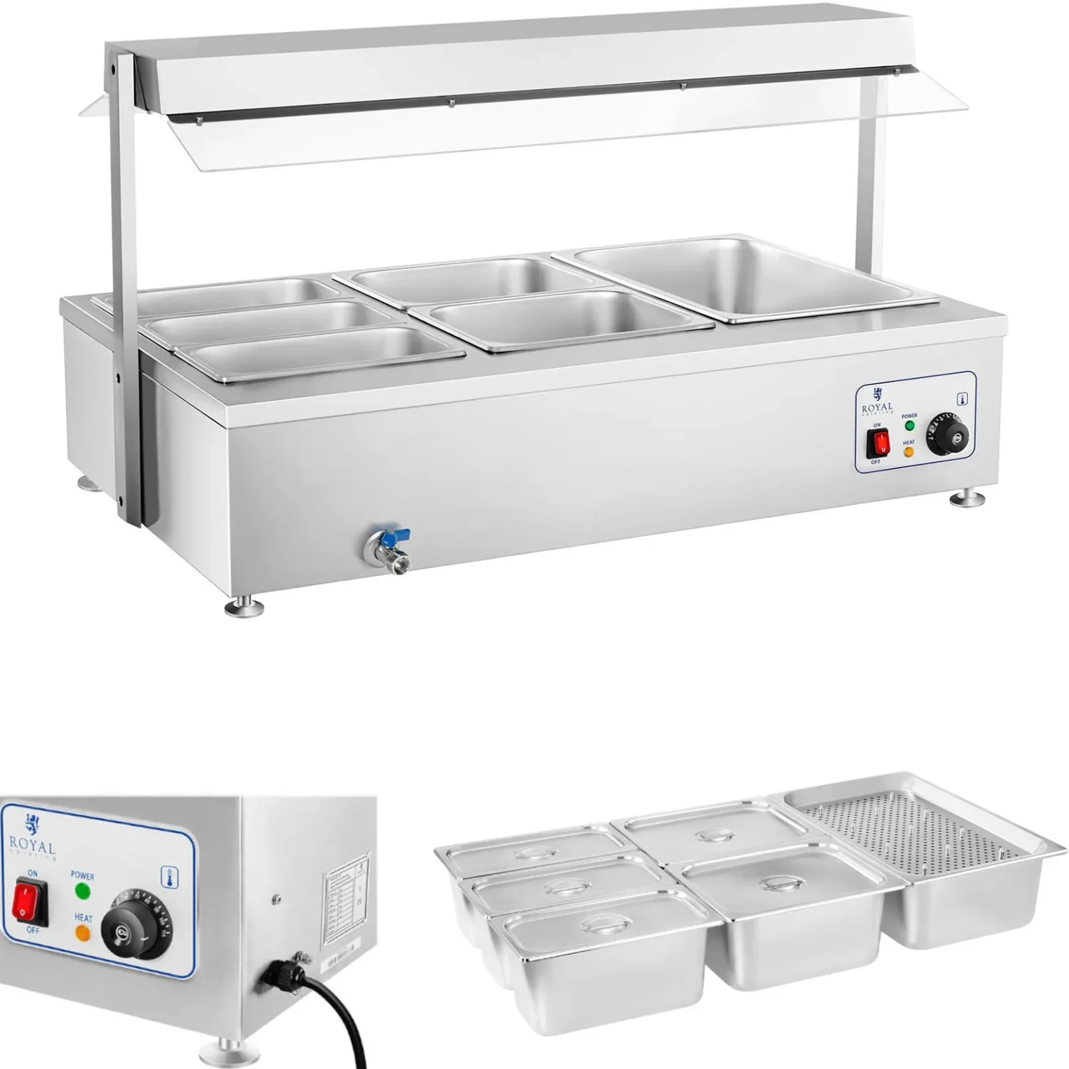 Royal Catering 6 x GN 150 mm-es, 55 literes, csapokkal ellátott, szabadon álló vízfürdő Royal Catering 6 x GN 150 mm-es, 55 literes, csapokkal ellátott, szabadon álló vízfürdő