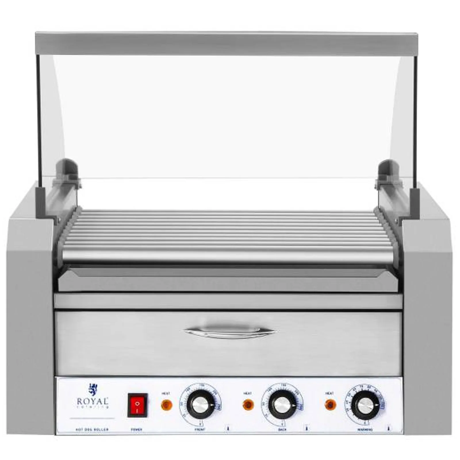 Fedeles hengergrill és melegítő fiók 20 hot doghoz, 2600 W, 230 V, Royal Catering
