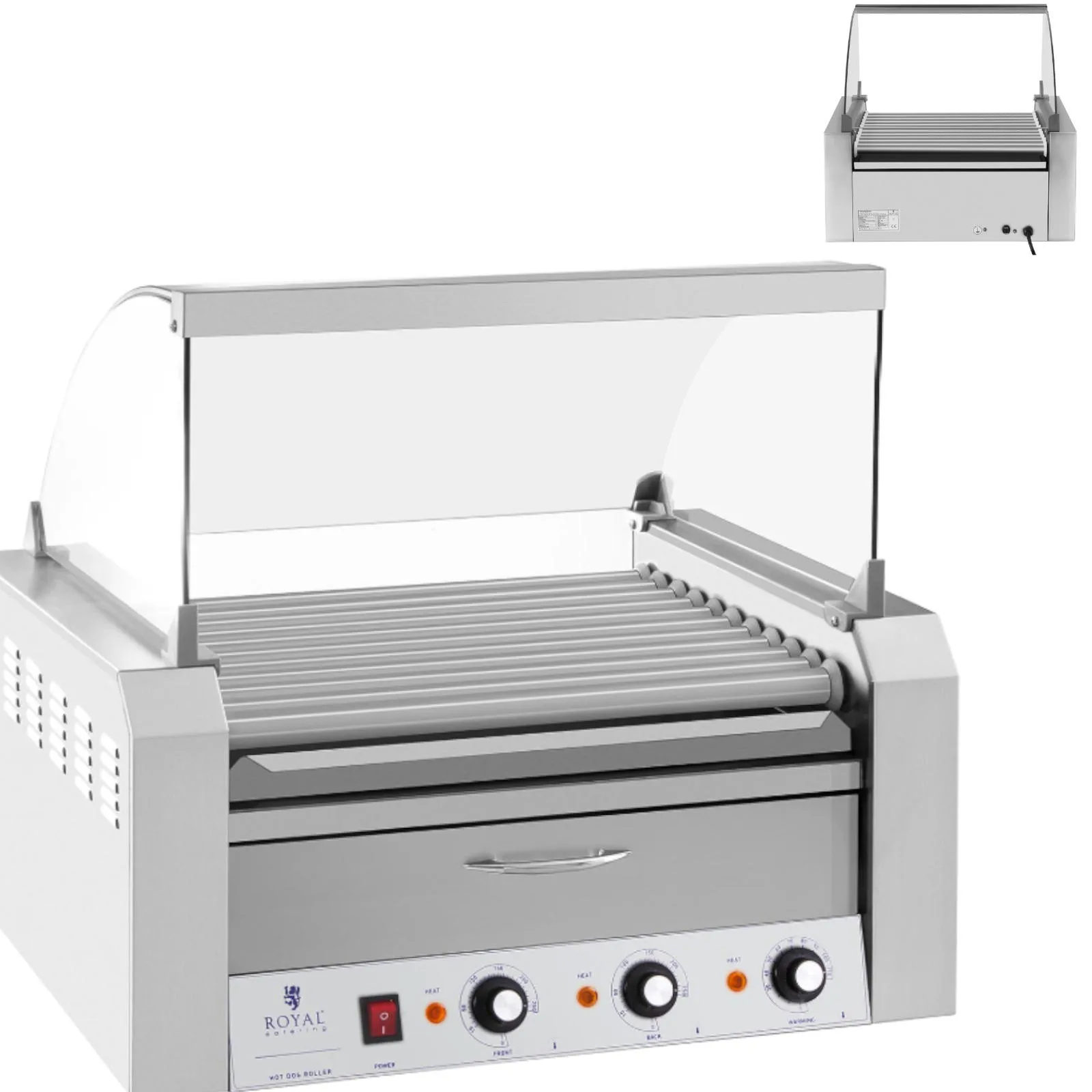 Fedeles hengergrill és melegítő fiók 20 hot doghoz, 2600 W, 230 V, Royal Catering