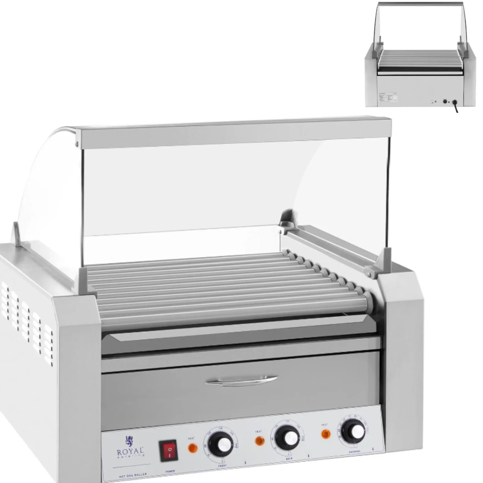 Fedeles hengergrill és melegítő fiók 20 hot doghoz, 2600 W, 230 V, Royal Catering Fedeles hengergrill és melegítő fiók 20 hot doghoz, 2600 W, 230 V, Royal Catering