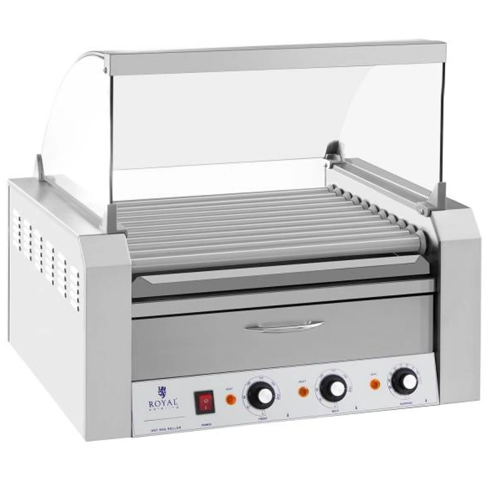 Roller grill with cover and warming drawer for 20 hot dogs, 2600W, 230V, Royal Catering 4
