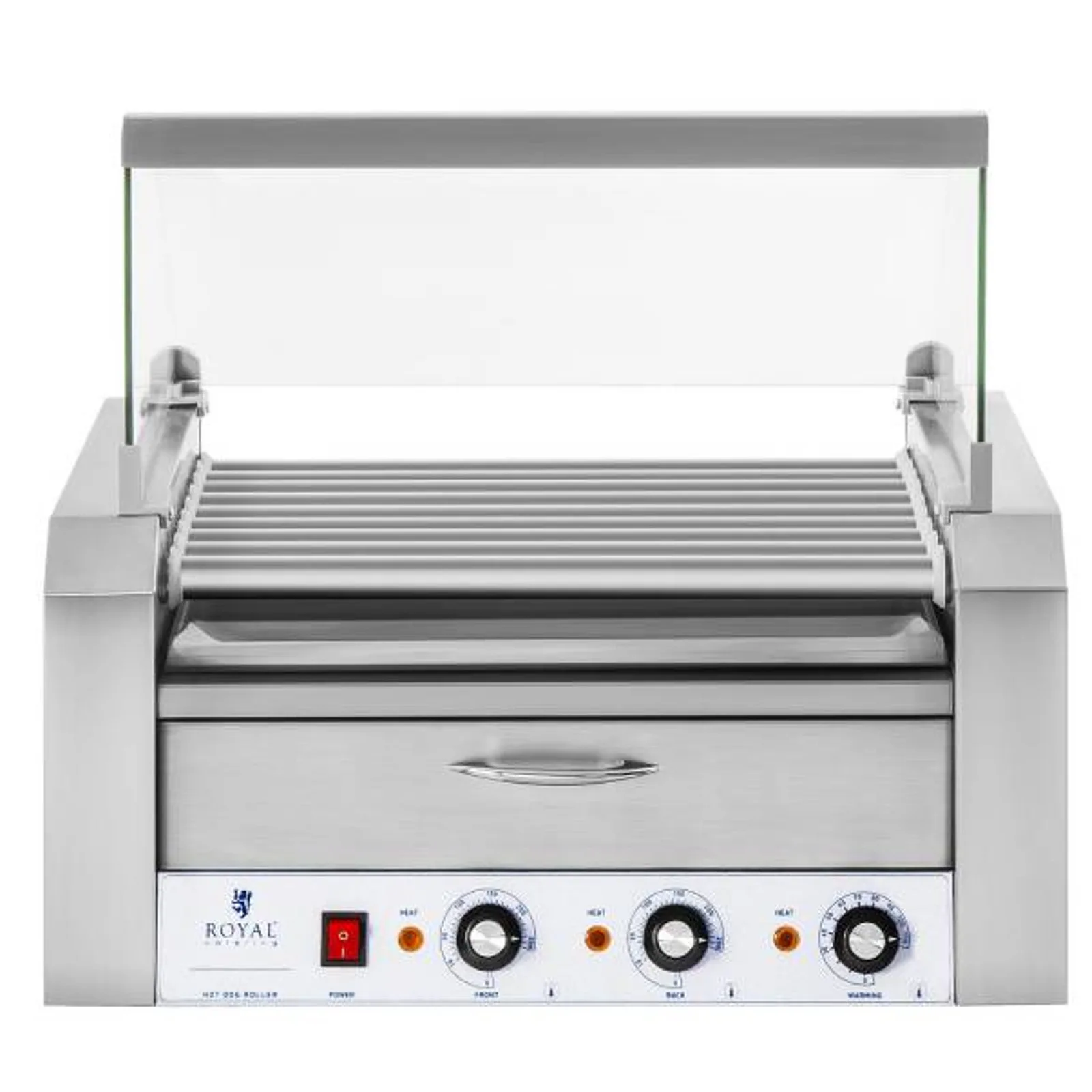 Grill s valjcima s poklopcem i ladicom za grijanje za 16 hot-dogova 2200 W 230 V Royal Catering 2