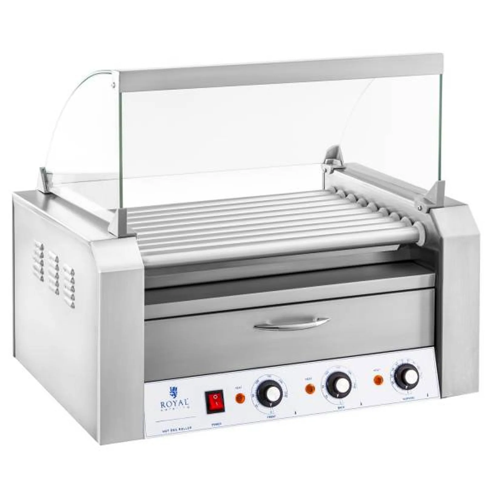 Roller grill fedéllel és melegítő fiókkal 16 hot doghoz 2200 W 230 V Royal Catering