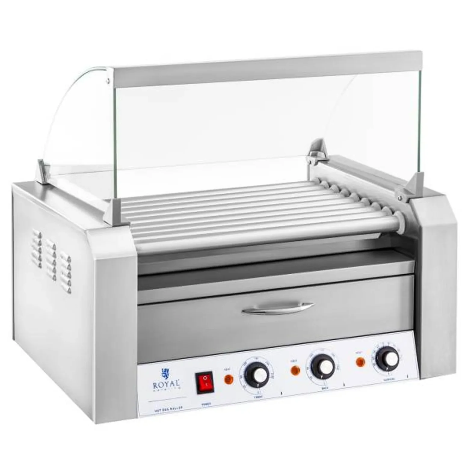 Grill s valjcima s poklopcem i ladicom za grijanje za 16 hot-dogova 2200 W 230 V Royal Catering Grill s valjcima s poklopcem i ladicom za grijanje za 16 hot-dogova 2200 W 230 V Royal Catering