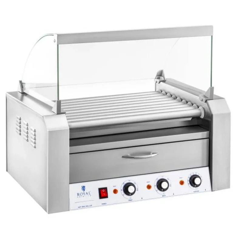 Roller grill fedéllel és melegítő fiókkal 16 hot doghoz 2200 W 230 V Royal Catering