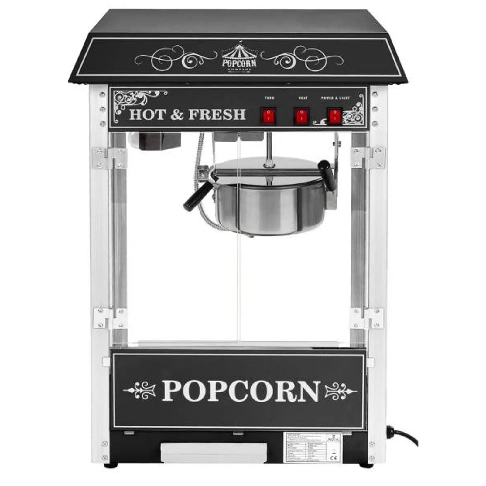 Professzionális, nagy teljesítményű, kerekes mobil popcornkészítő, 230 V, 1,6 kW, fekete 8