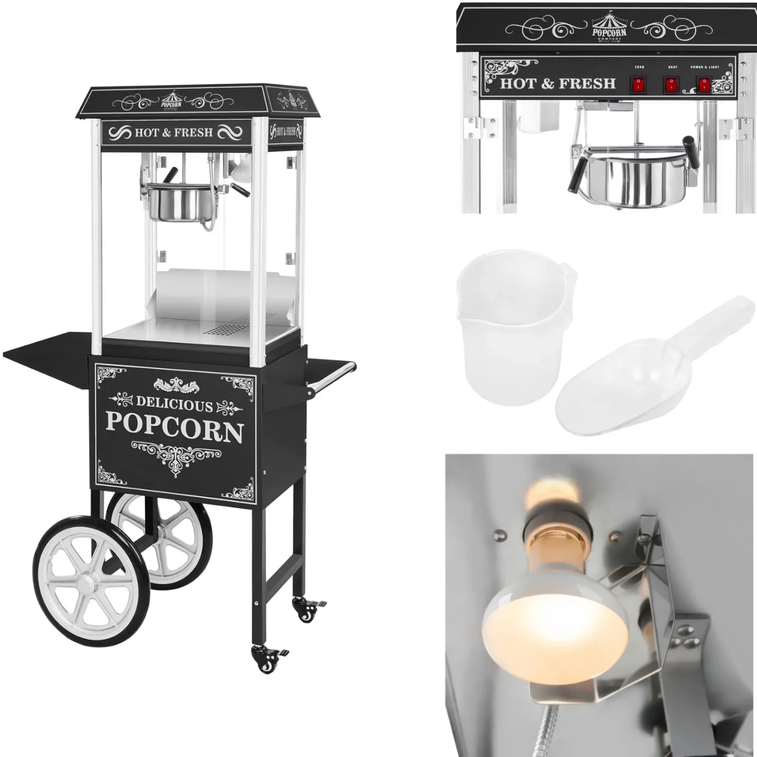 Mașină profesională de popcorn mobilă de înaltă performanță pe cărucior, 230 V, 1,6 kW, negru Mașină profesională de popcorn mobilă de înaltă performanță pe cărucior, 230 V, 1,6 kW, negru