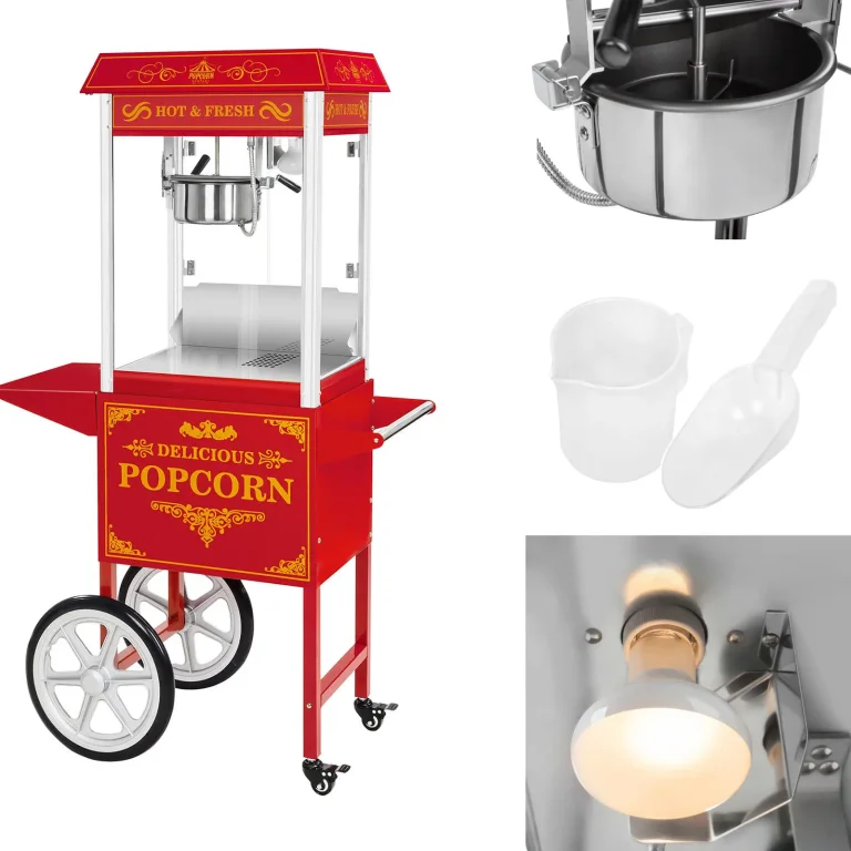 Professzionális, nagy teljesítményű, kerekes mobil popcornkészítő, 230 V, 1,5 kW, piros