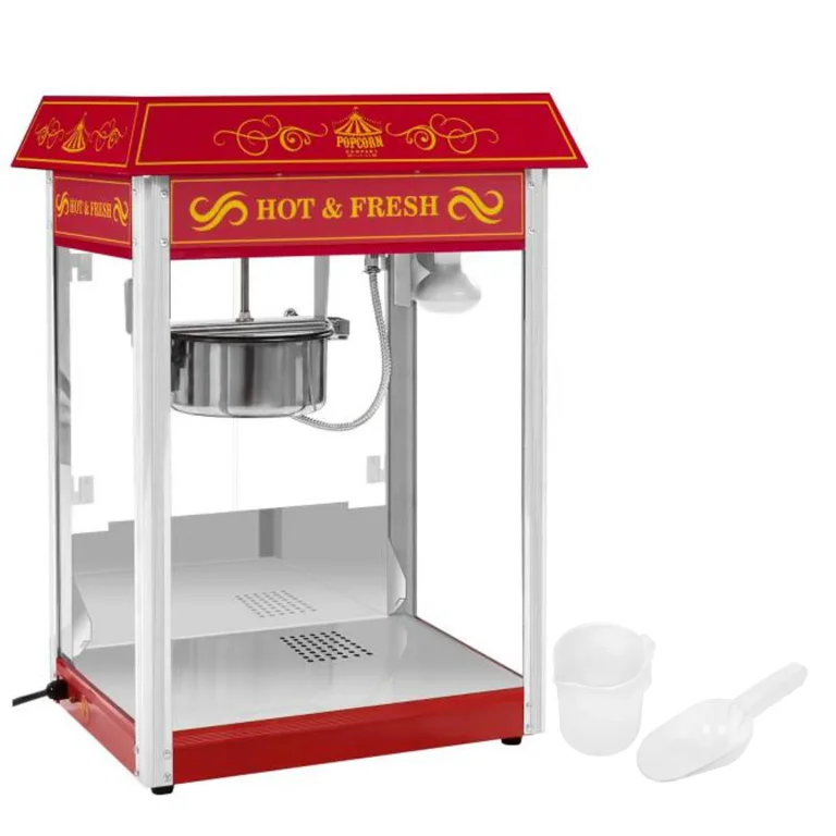 Professzionális, nagy teljesítményű, állítható popcornkészítő, 230 V, 1,6 kW, piros