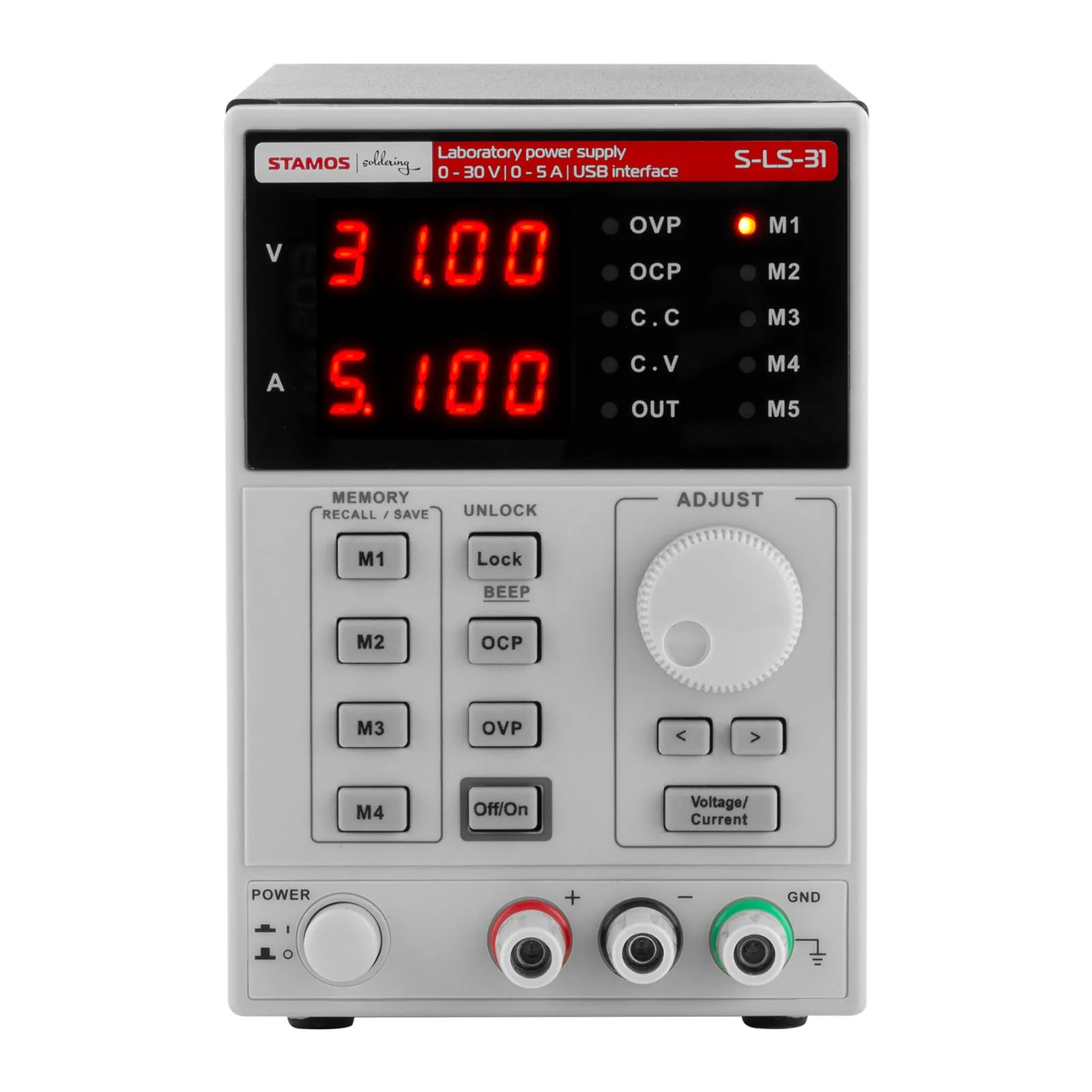 Memóriafunkcióval ellátott laboratóriumi tápegység, 0–30 VDC, 0–5 A, USB / RS232 + CD S-LS-31 3