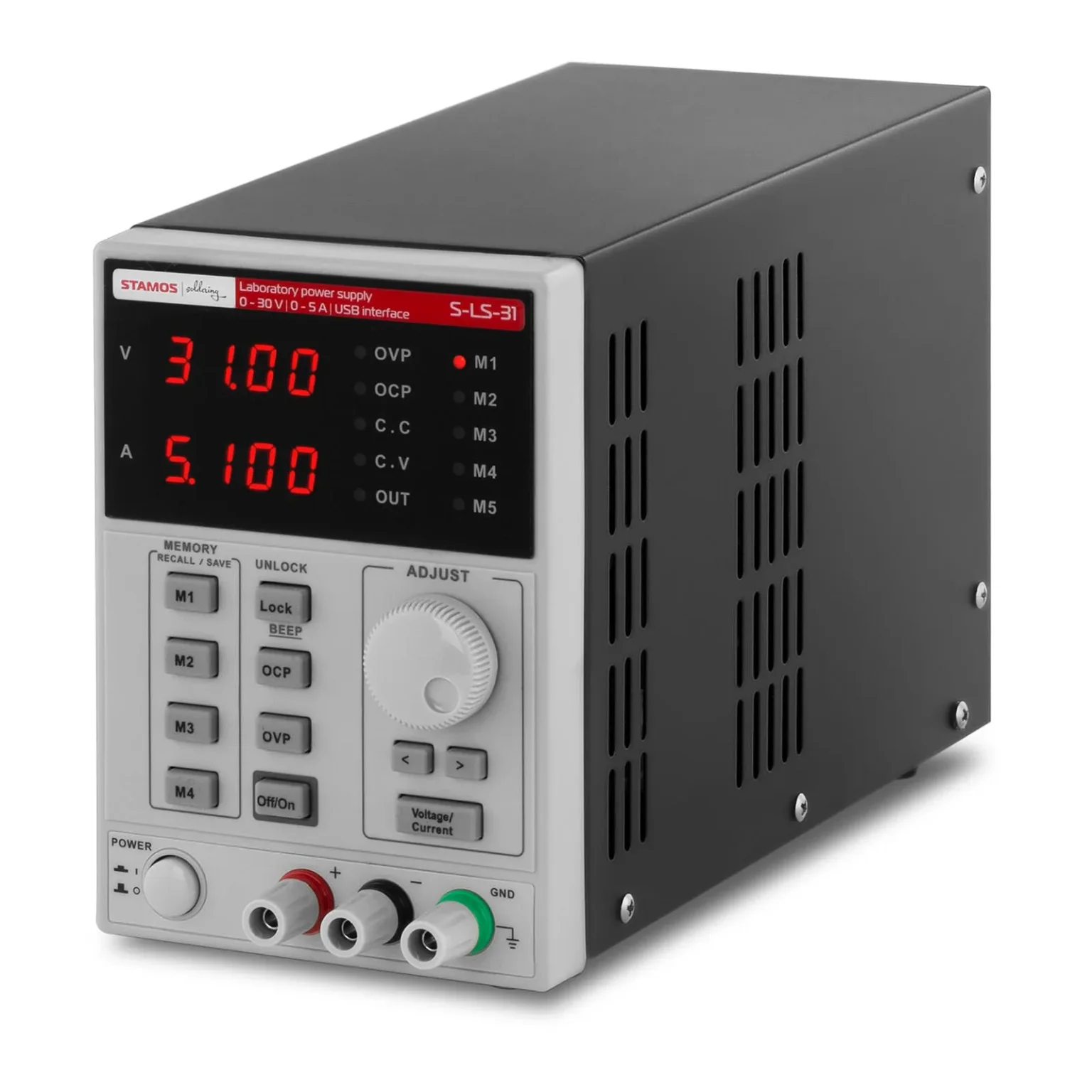 Memóriafunkcióval ellátott laboratóriumi tápegység, 0–30 VDC, 0–5 A, USB / RS232 + CD S-LS-31