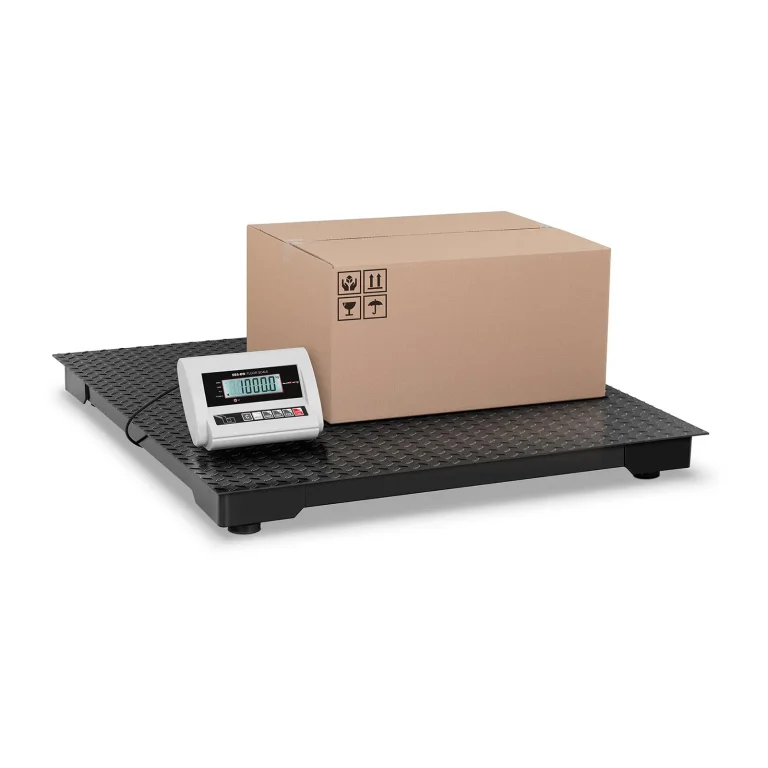 100x100 cm-es, padlóra szerelhető raktári platformmérleg, tápegység + akkumulátor, 1000 kg / 500 g
