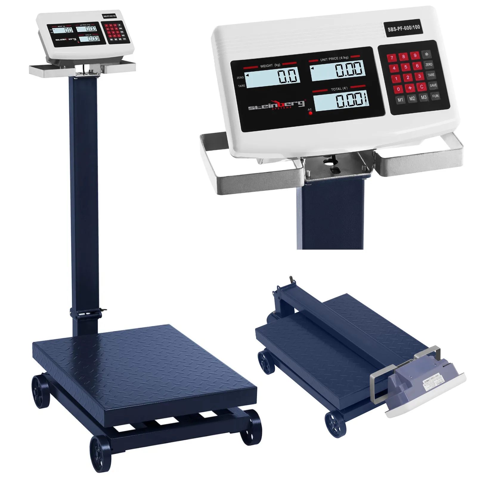 SBS-PF-600/100 LCD raktári emelvényes mérleg görgőkkel, 600 kg-ig