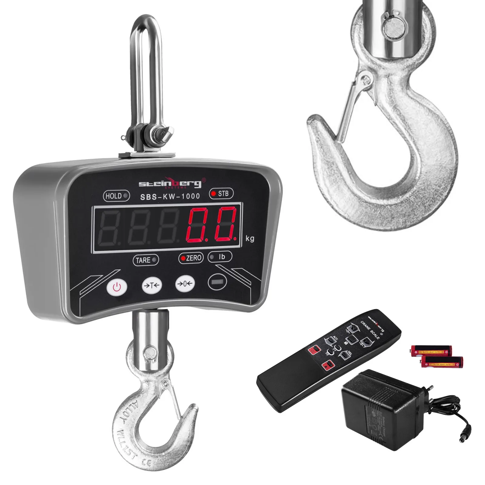 Függesztett kampós mérleg LED-kijelzővel, 1 tonna / 0,2 kg