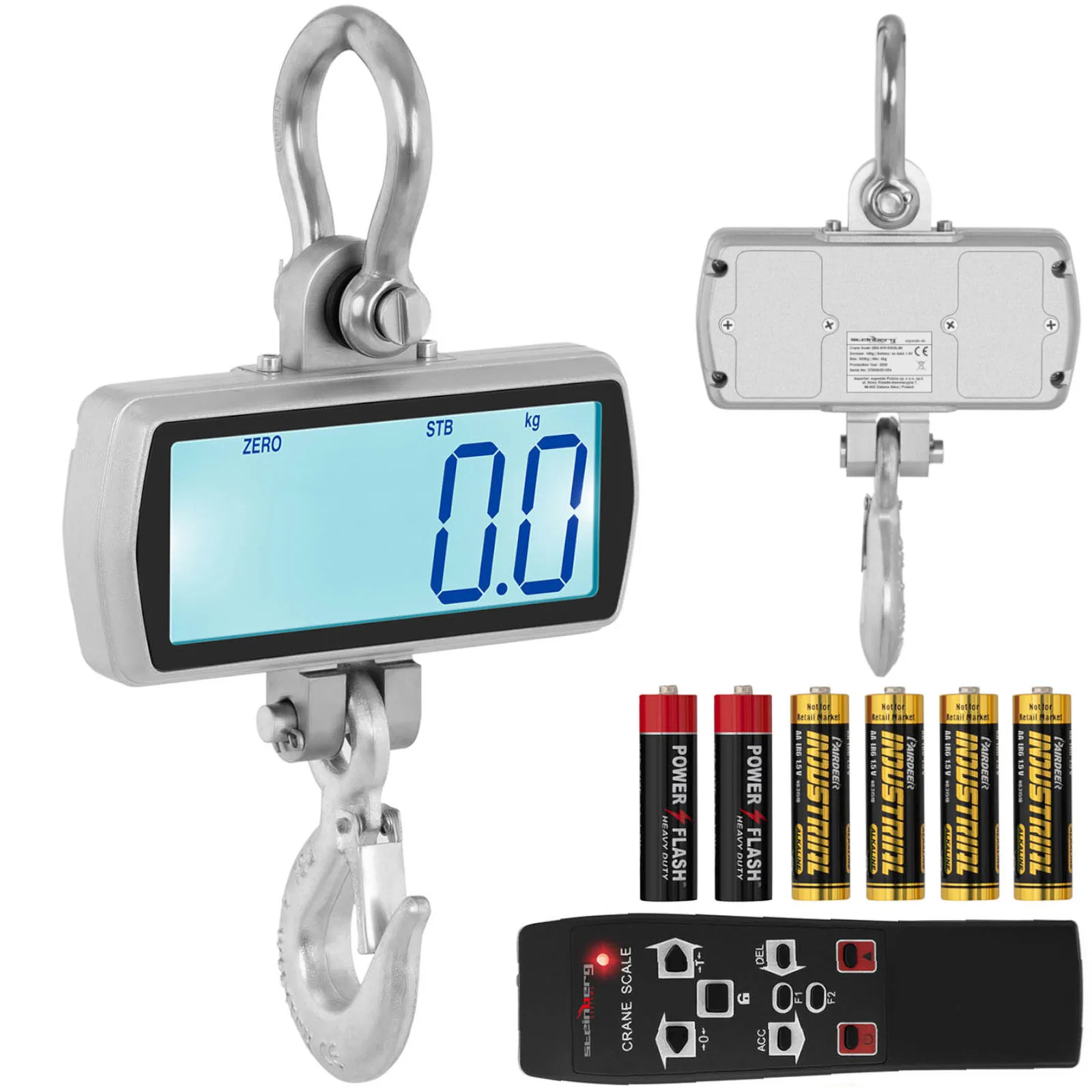 Távirányítós, nagy LCD kijelzős, 500 / 0,1 kg teherbírású akasztós mérleg raktárakhoz
