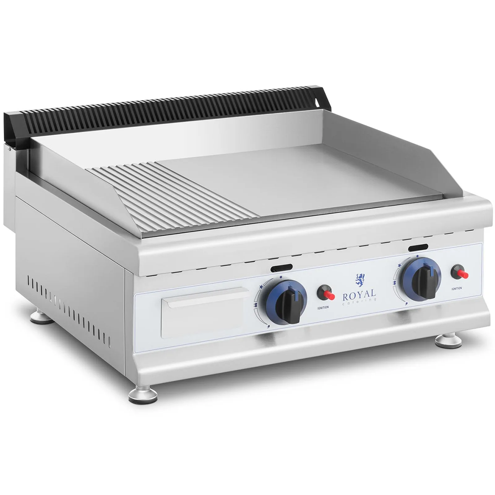 Kétégős, sima és barázdált rozsdamentes acél gázgrill földgázhoz, 2x 3,1 kW, 0,02 bar, 60 x 40 cm