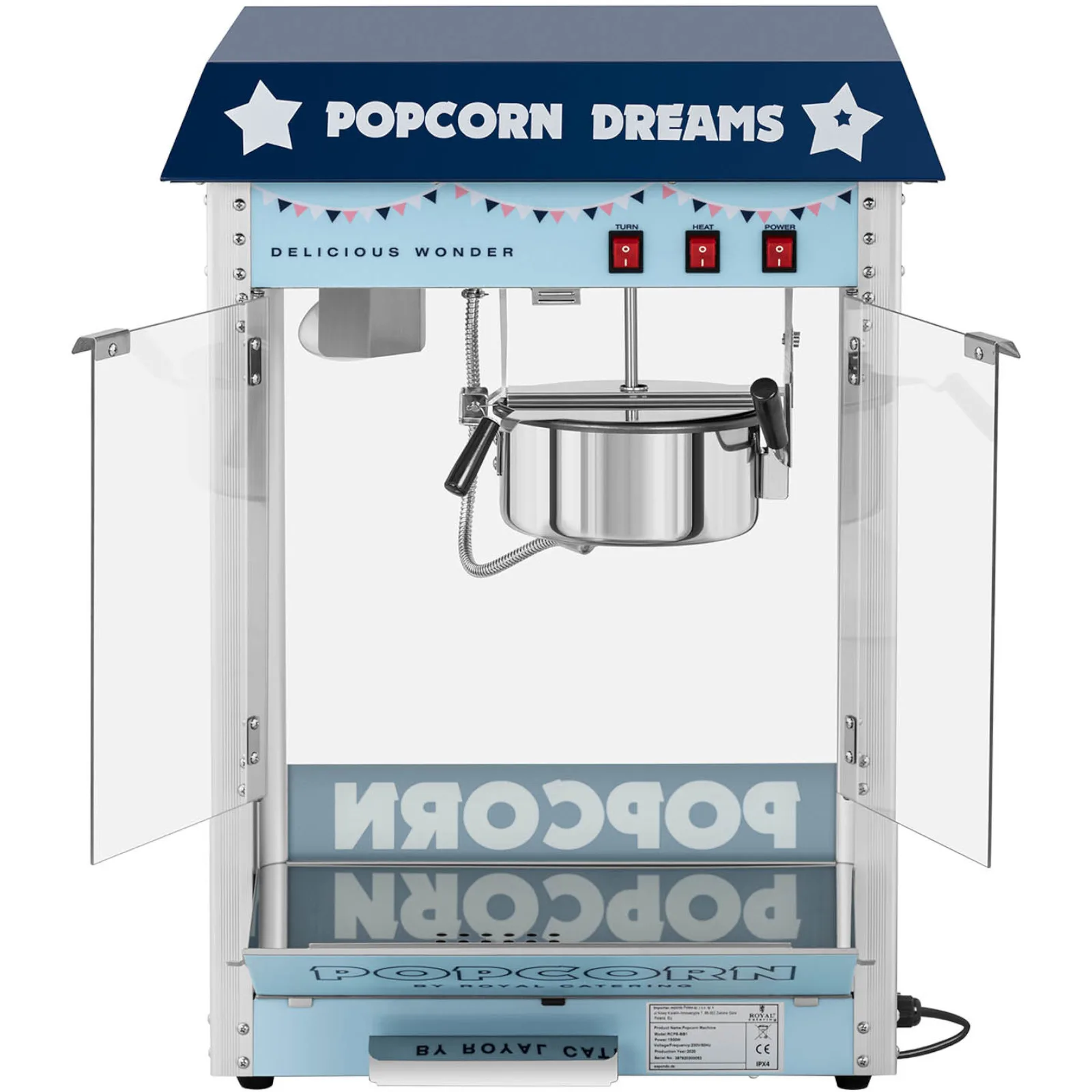 TEFLON 1600 W 5-6 kg/h retro automatický stroj na výrobu popcornu – modrý 6