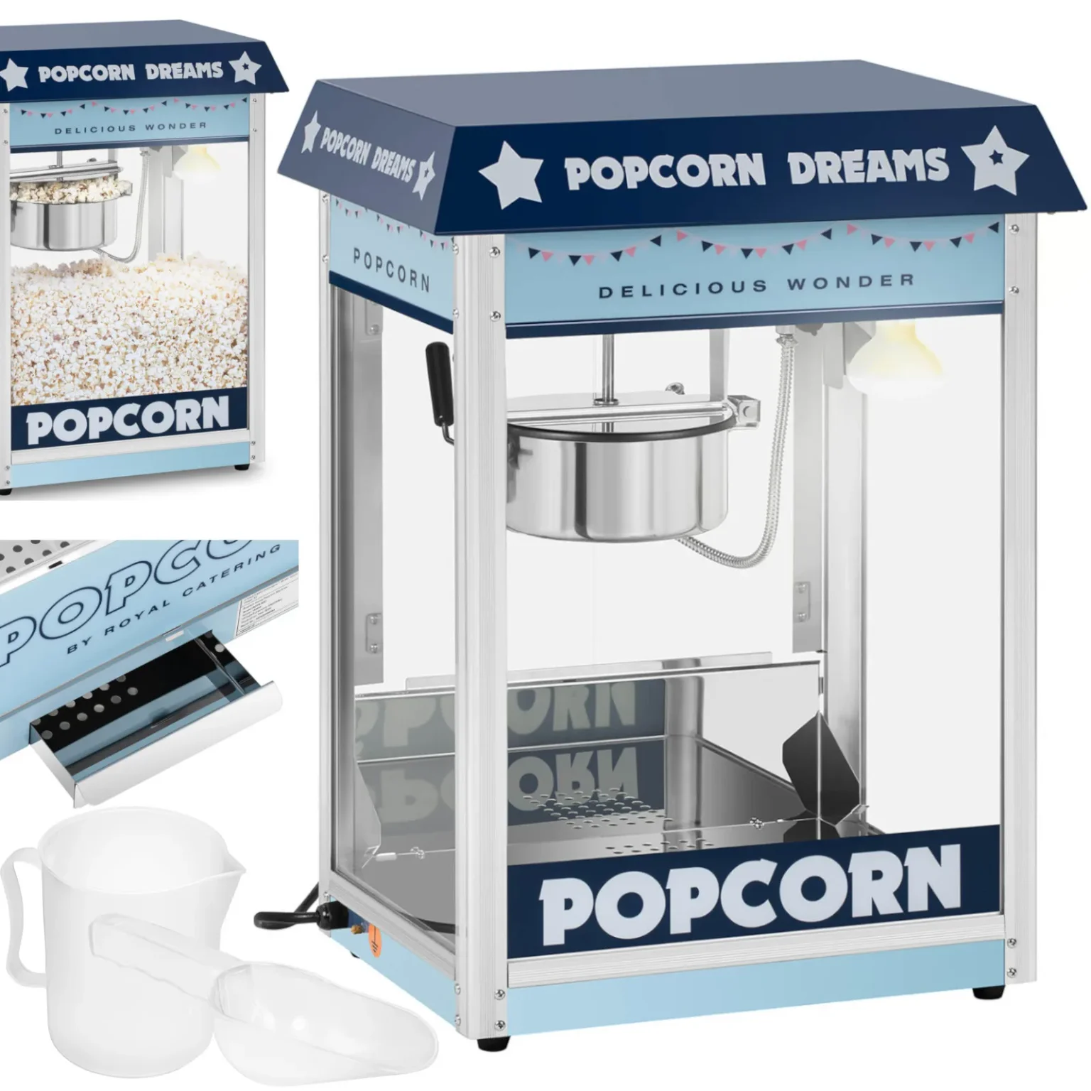 Aparat automat de popcorn TEFLON 1600 W 5-6 kg/h retro - albastru Aparat automat de popcorn TEFLON 1600 W 5-6 kg/h retro - albastru
