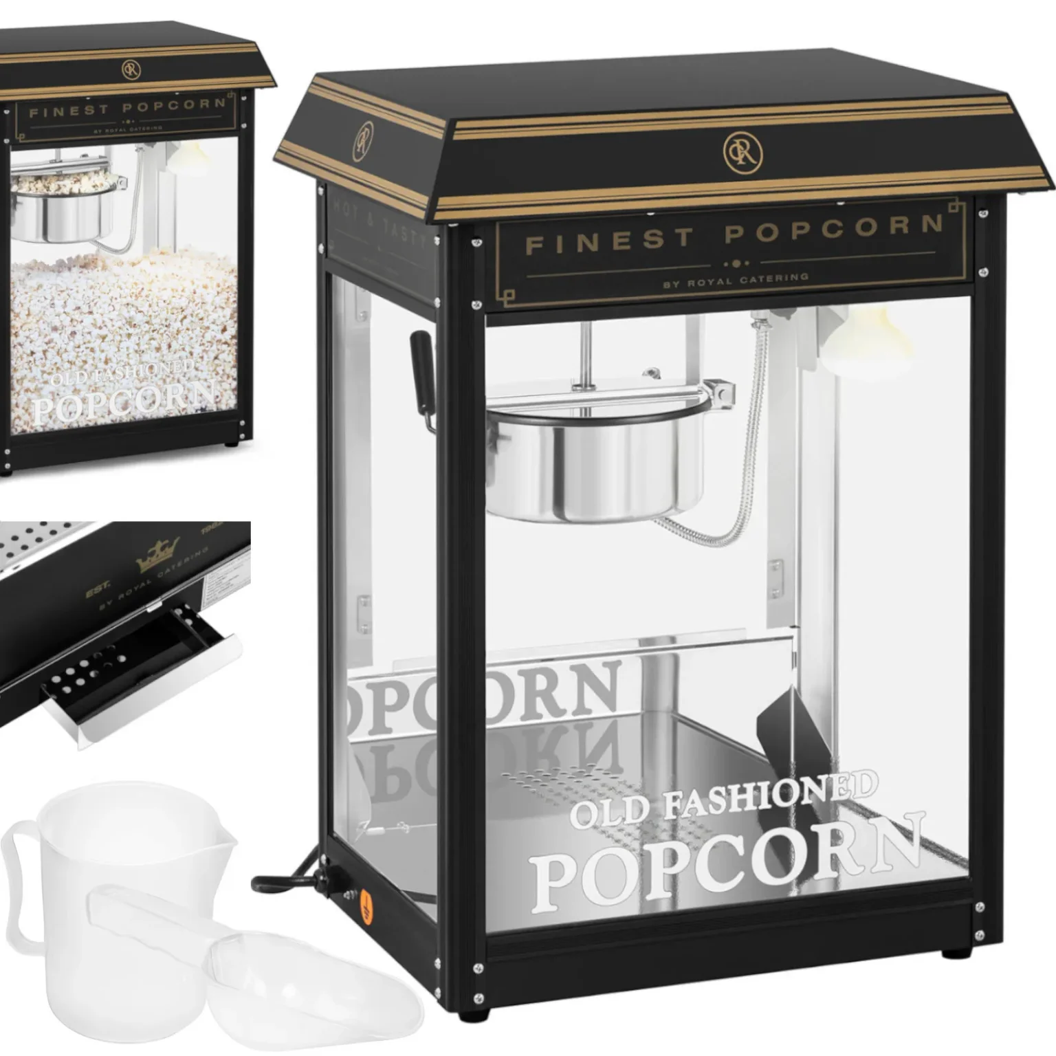 Aparat automat de popcorn TEFLON 1600 W 5-6 kg/h Retro - Negru și auriu