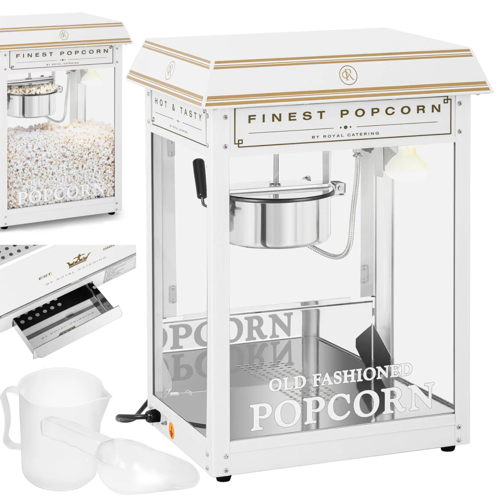 TEFLON 1600 W 5-6 kg/h retro automata popcornkészítő - fehér és arany