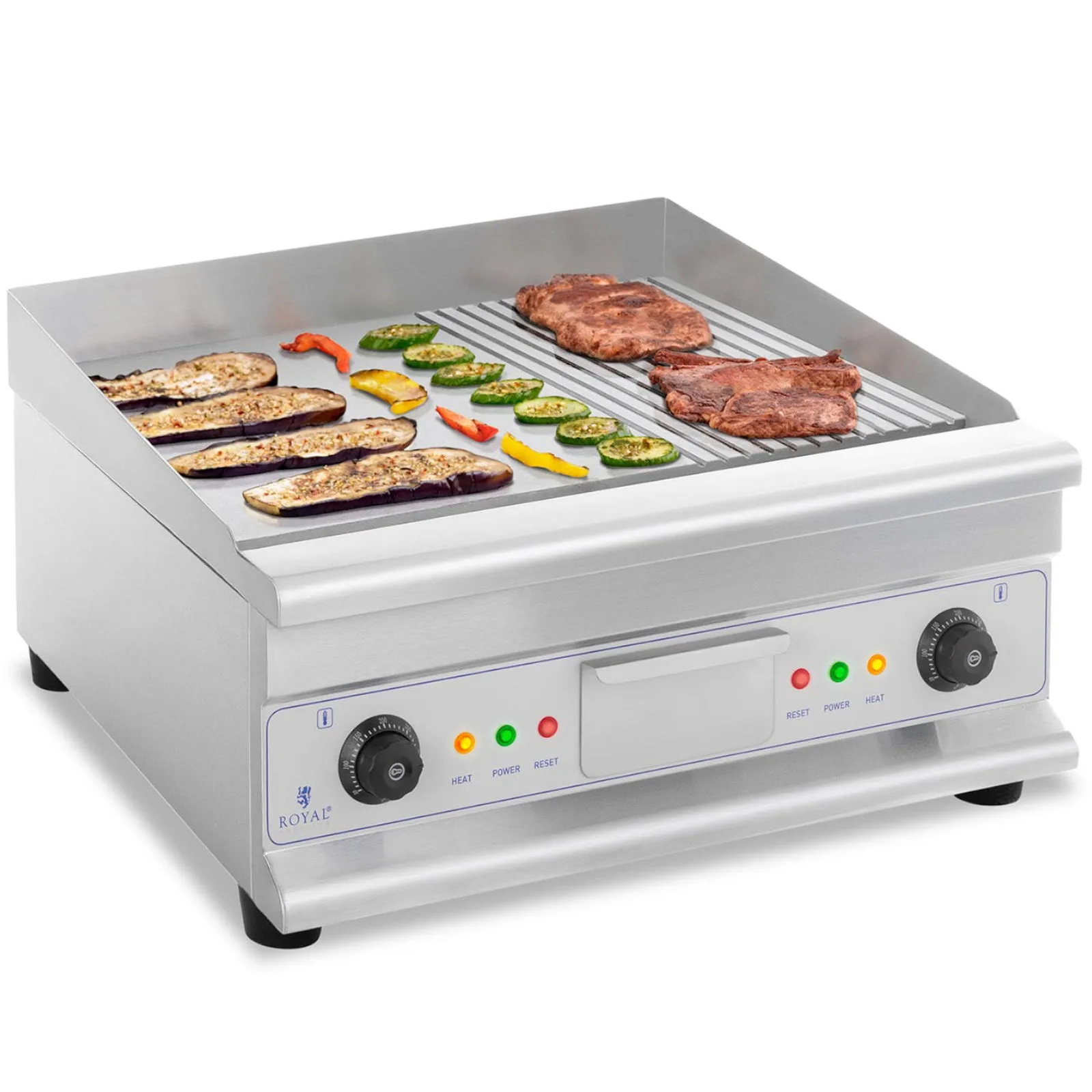 Kétoldalas sima és barázdált grilllemez zsírfogóval, 230 V, 2x 3200 W