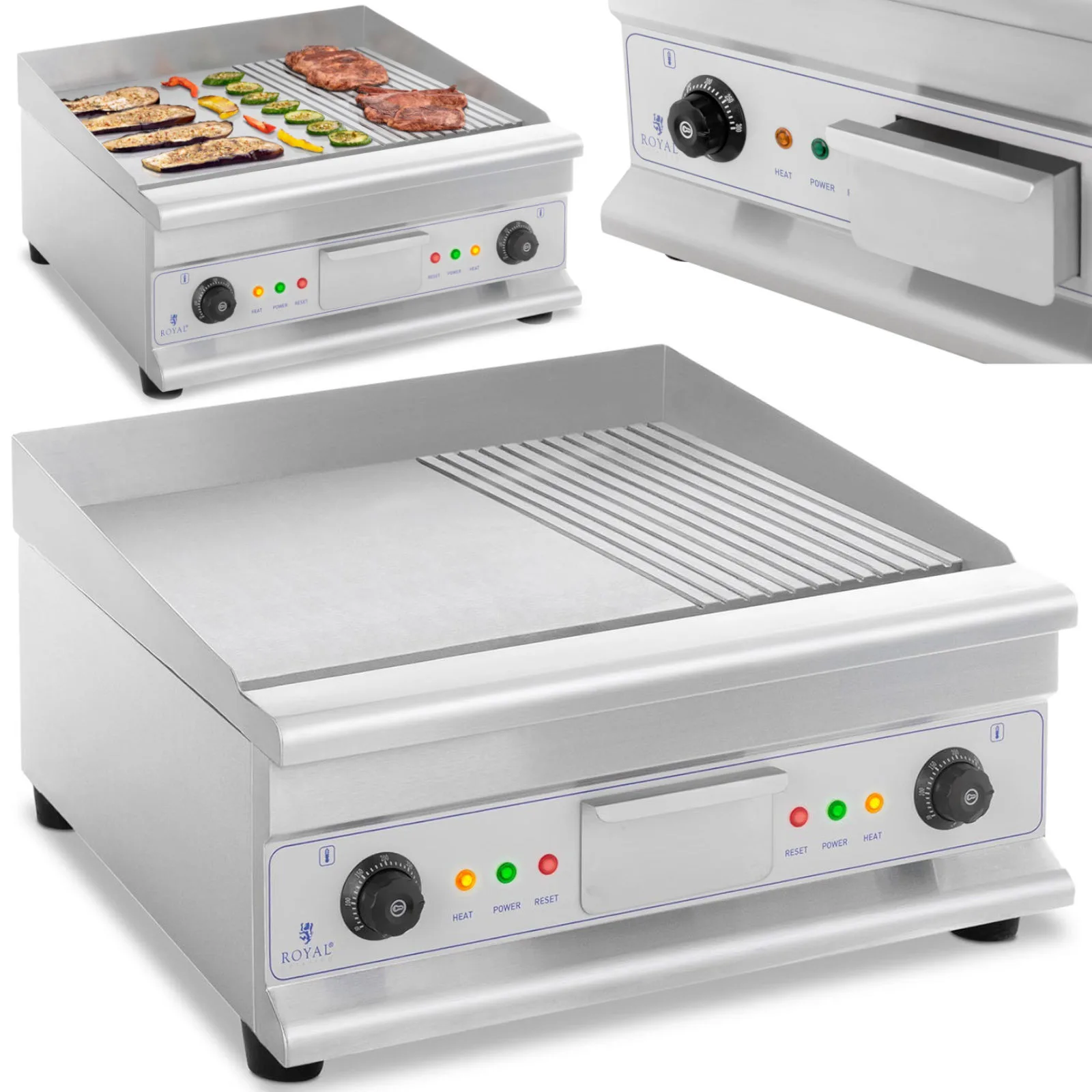 Kétoldalas sima és barázdált grilllemez zsírfogóval, 230 V, 2x 3200 W