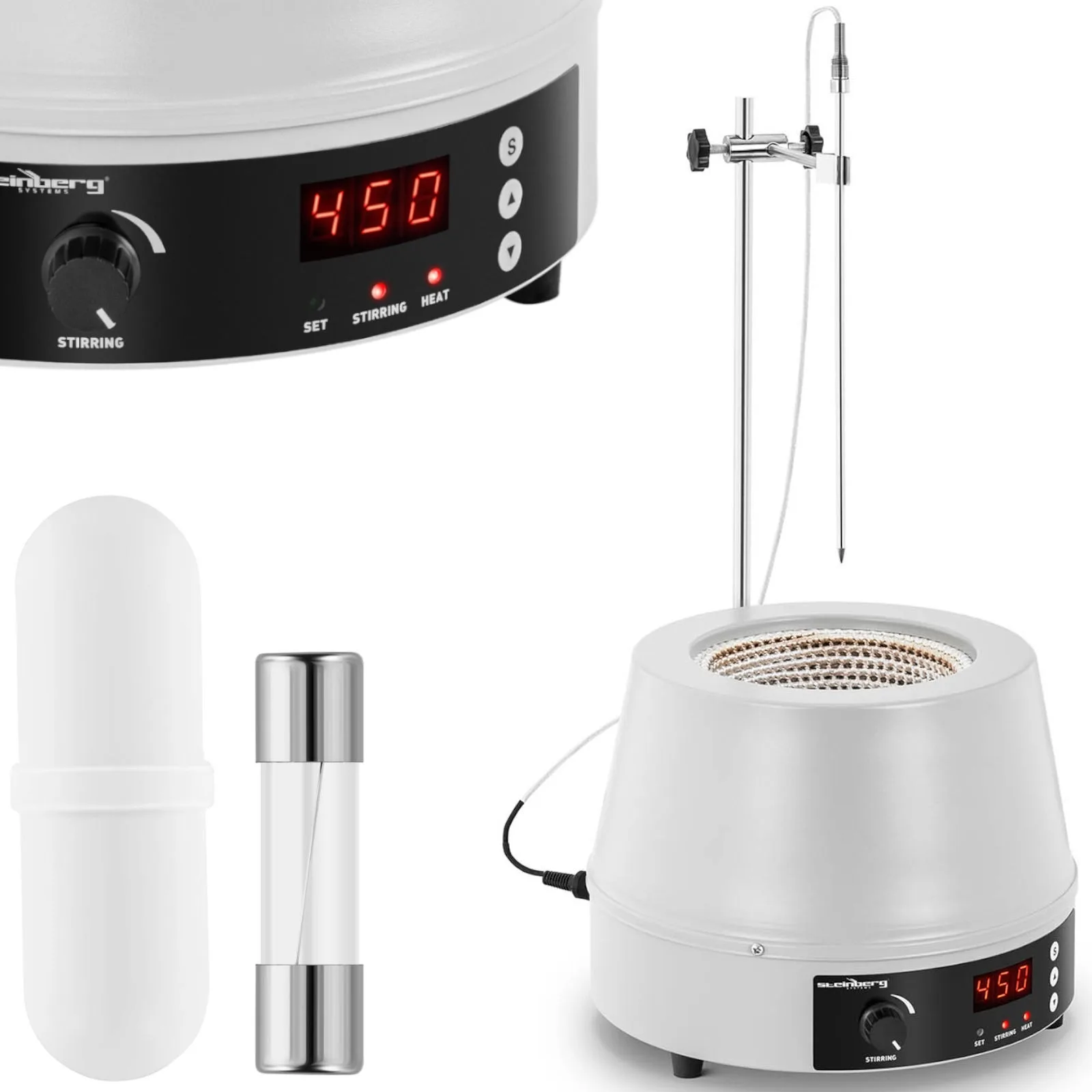 Laboratóriumi fűtőköpeny mágneses keverővel + állvánnyal, 1600 fordulat/perc, 450 °C