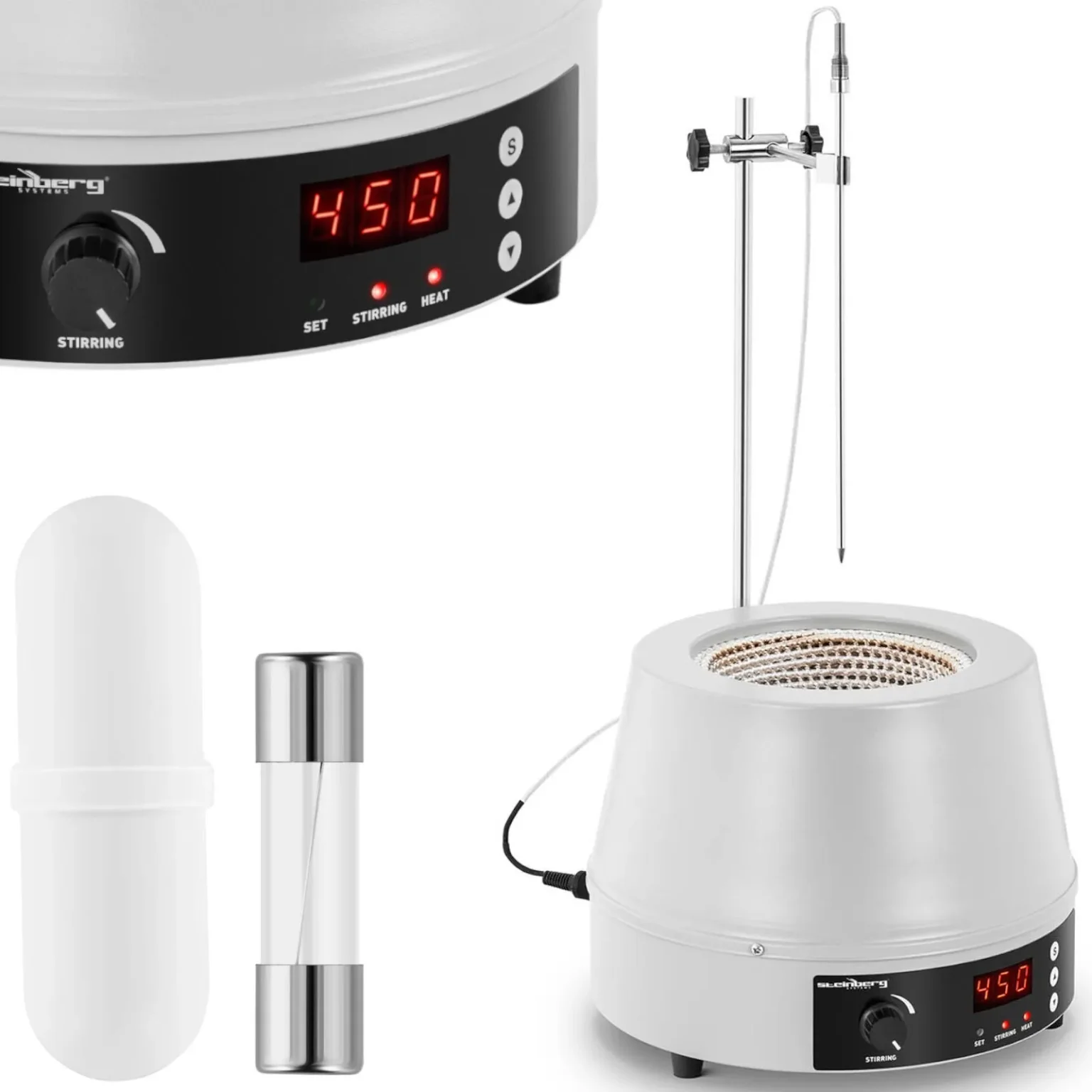 Laboratóriumi fűtőköpeny mágneses keverővel + állvánnyal, 1600 fordulat/perc, 450 °C Laboratóriumi fűtőköpeny mágneses keverővel + állvánnyal, 1600 fordulat/perc, 450 °C