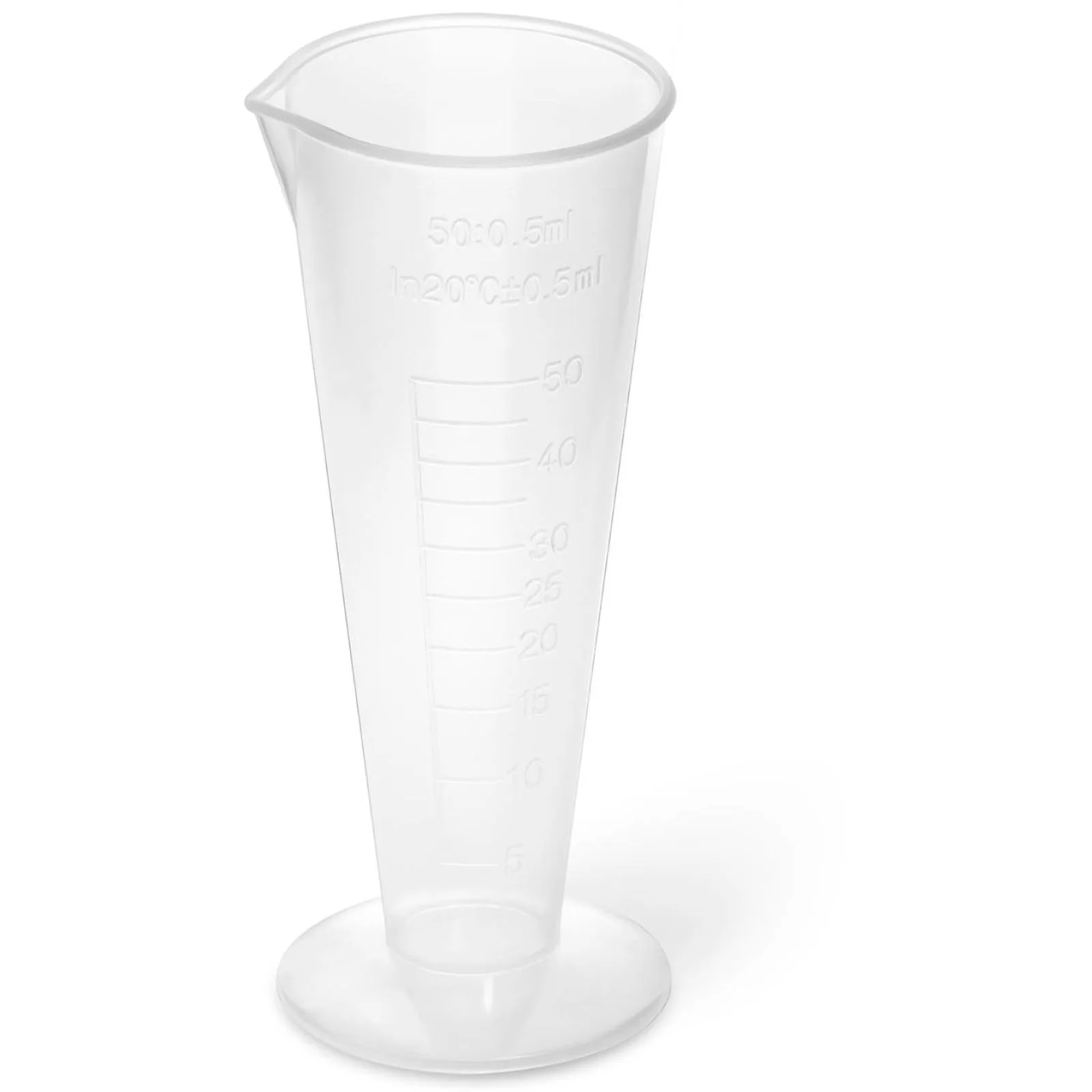 50 ml-es, skálázott műanyag laboratóriumi mérőpohár – 10 db.