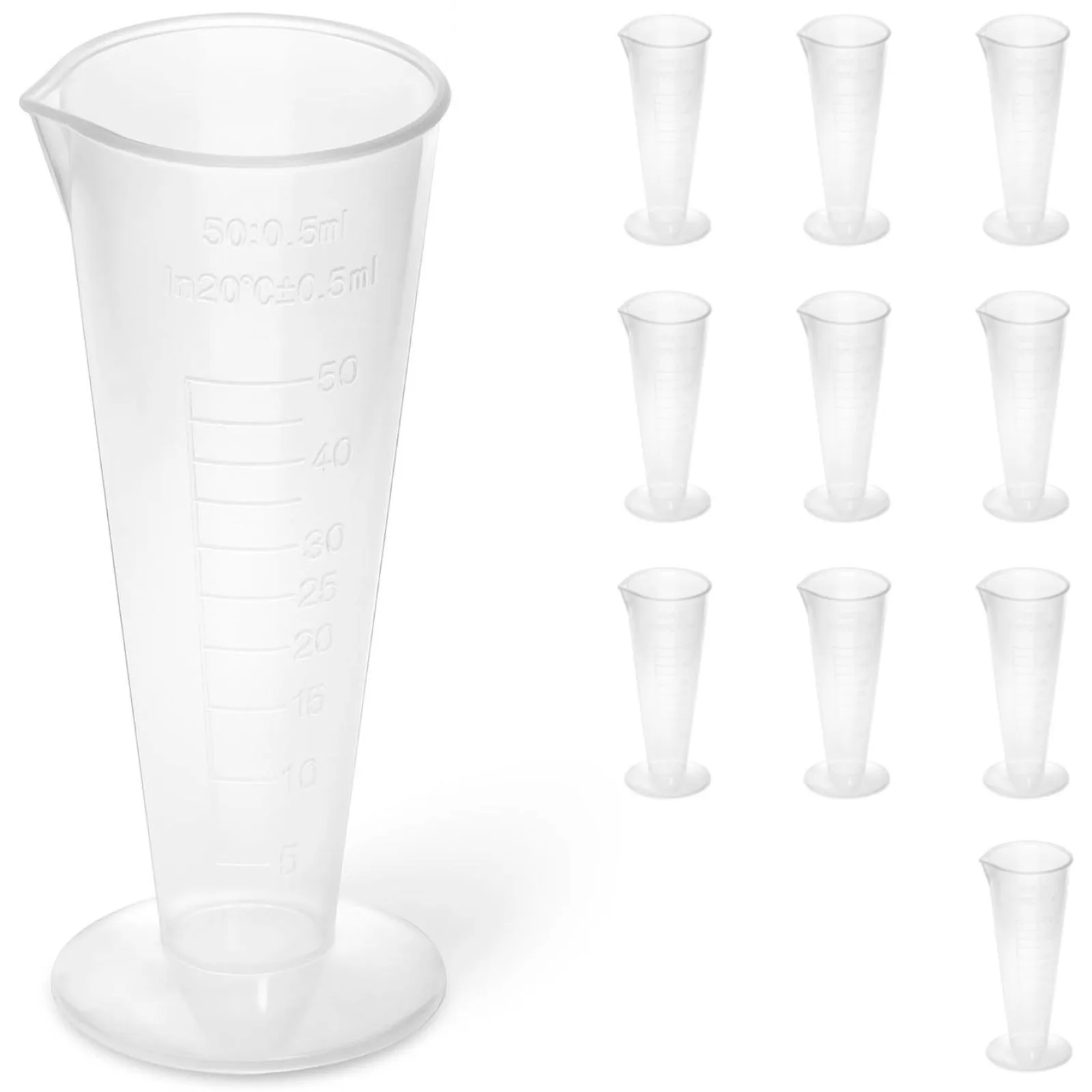 50 ml-es, skálázott műanyag laboratóriumi mérőpohár – 10 db.