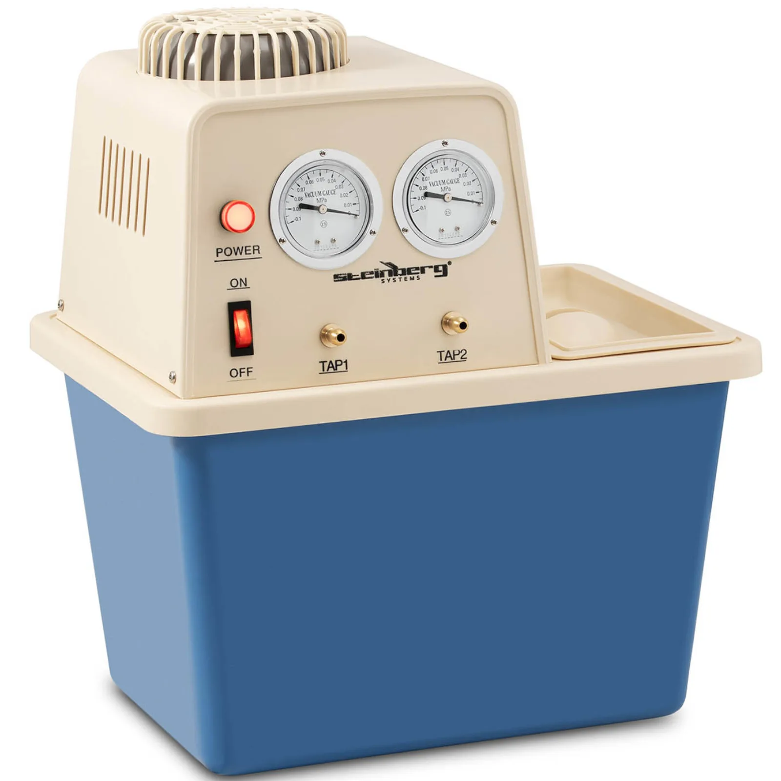 Laboratóriumi vákuumszivattyú vízkeringetéssel, 2 szeleppel, nyomásmérőkkel, 15 l, 180 W