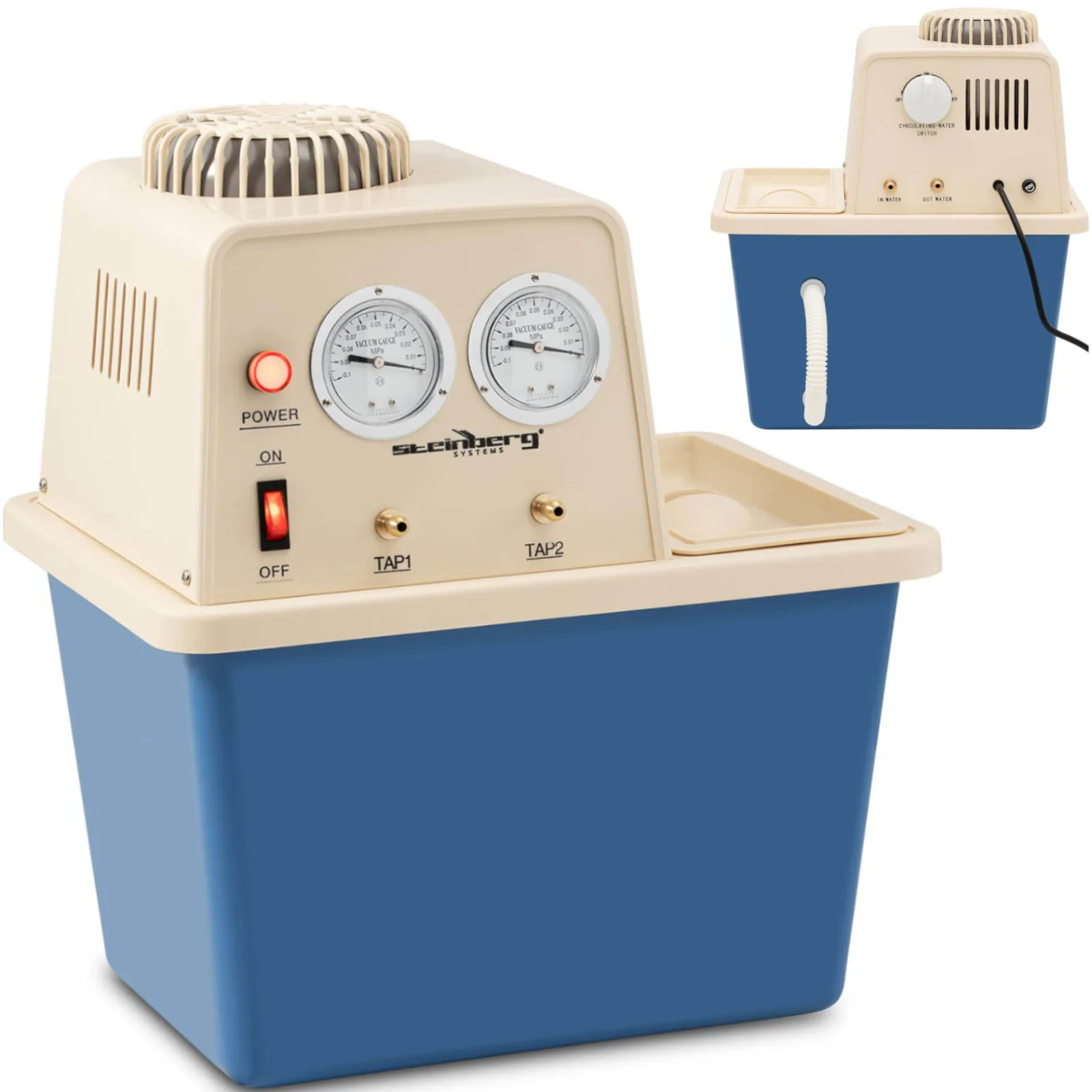 Laboratóriumi vákuumszivattyú vízkeringetéssel, 2 szeleppel, nyomásmérőkkel, 15 l, 180 W