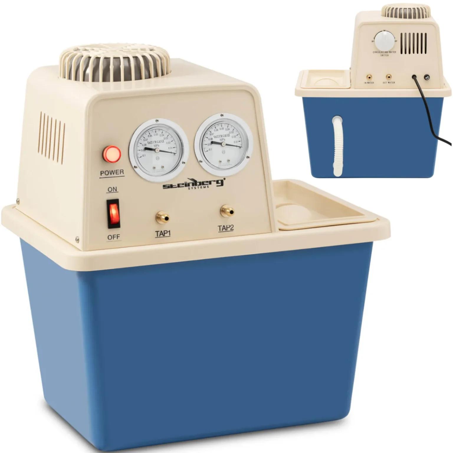 Laboratóriumi vákuumszivattyú vízkeringetéssel, 2 szeleppel, nyomásmérőkkel, 15 l, 180 W Laboratóriumi vákuumszivattyú vízkeringetéssel, 2 szeleppel, nyomásmérőkkel, 15 l, 180 W