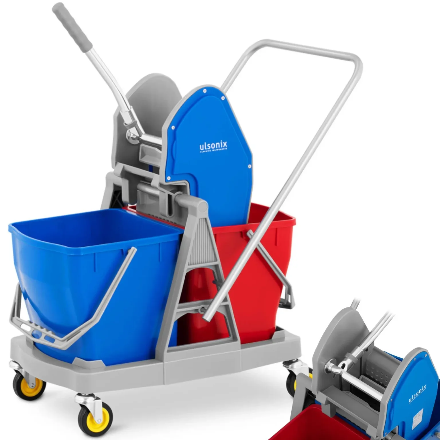 Cărucior pentru curățarea podelelor cu storcător, presă pentru mop plat, două găleți de 2 x 20 L Cărucior pentru curățarea podelelor cu storcător, presă pentru mop plat, două găleți de 2 x 20 L
