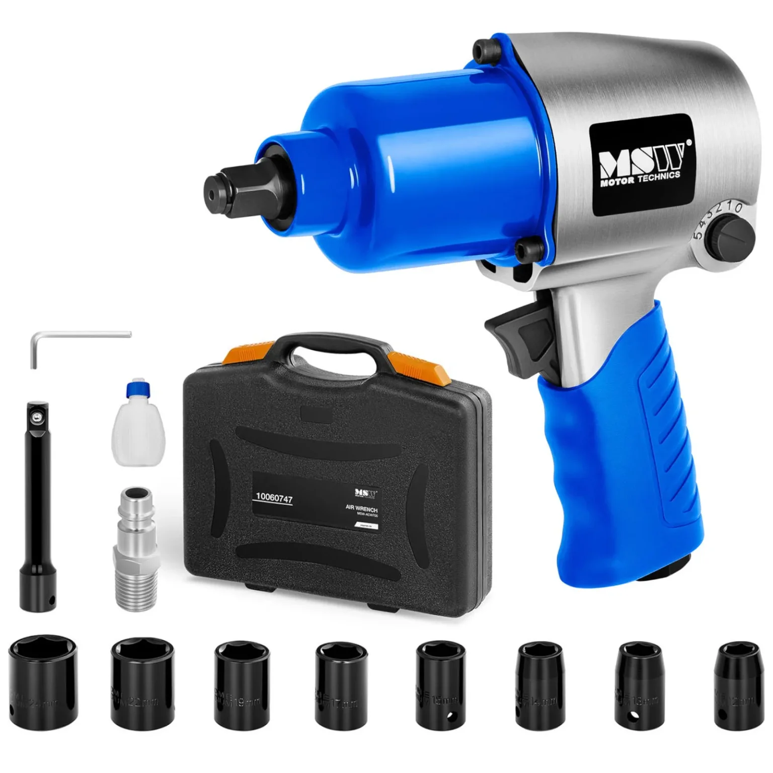 Cheie pneumatică cu impact de 1/2'' pentru roți cu socluri, 8000 RPM, 700 Nm SET Cheie pneumatică cu impact de 1/2'' pentru roți cu socluri, 8000 RPM, 700 Nm SET