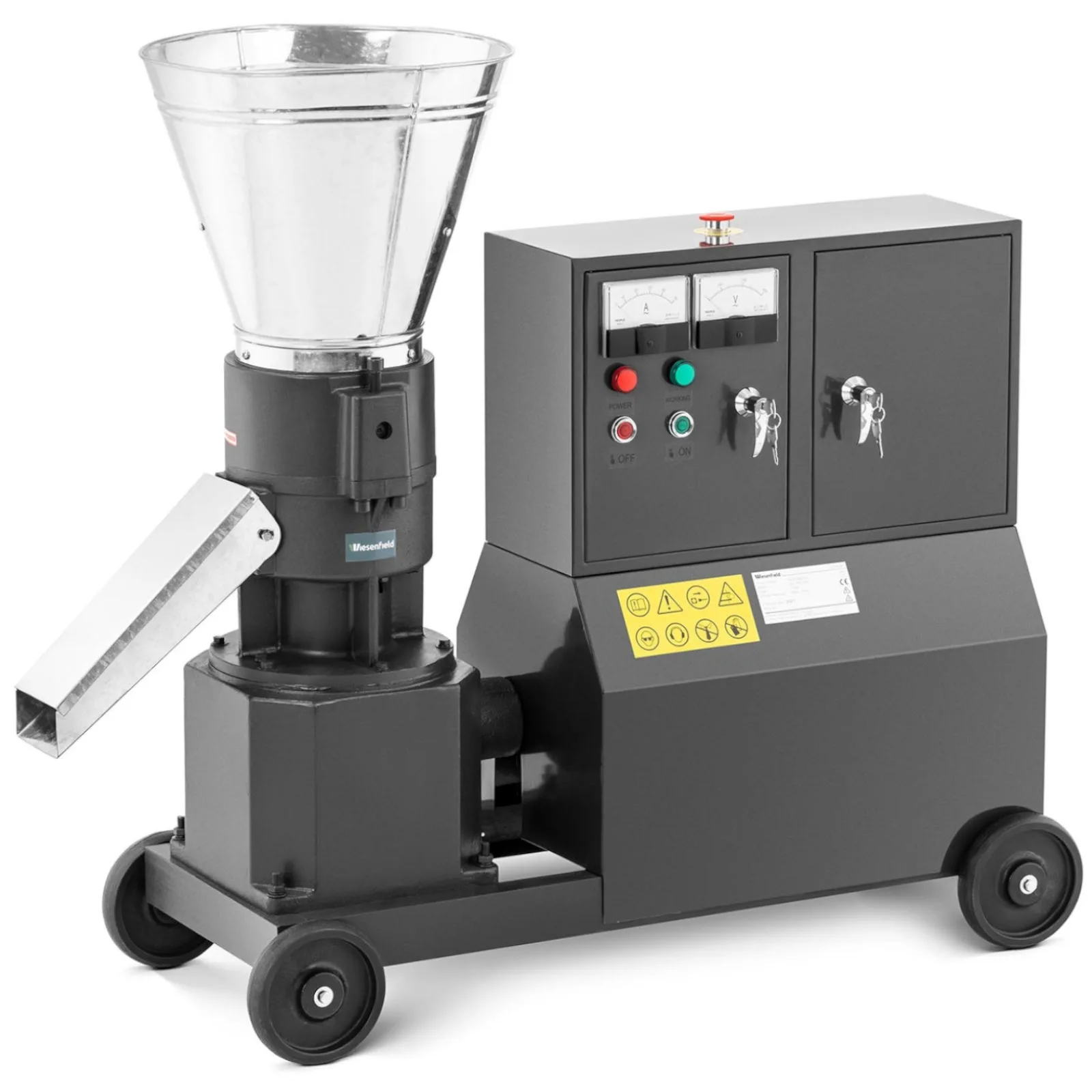 Pelletelő malom, granulátor, mobil fűrészpor- és takarmánypellet-előállító gép, 7,5 kW, 400 V, 300 kg/h, 200 mm átmérő